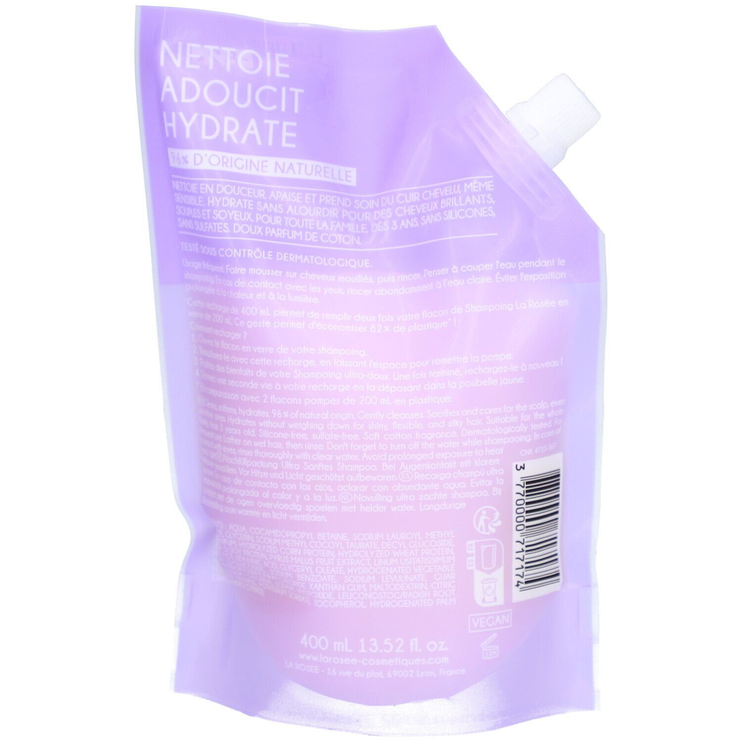 Dos de la recharge de shampooing. Sachet violet avec texte. Texte: Nettoie, adoucit, hydrate. 400 ml. 13.52 fl. oz.