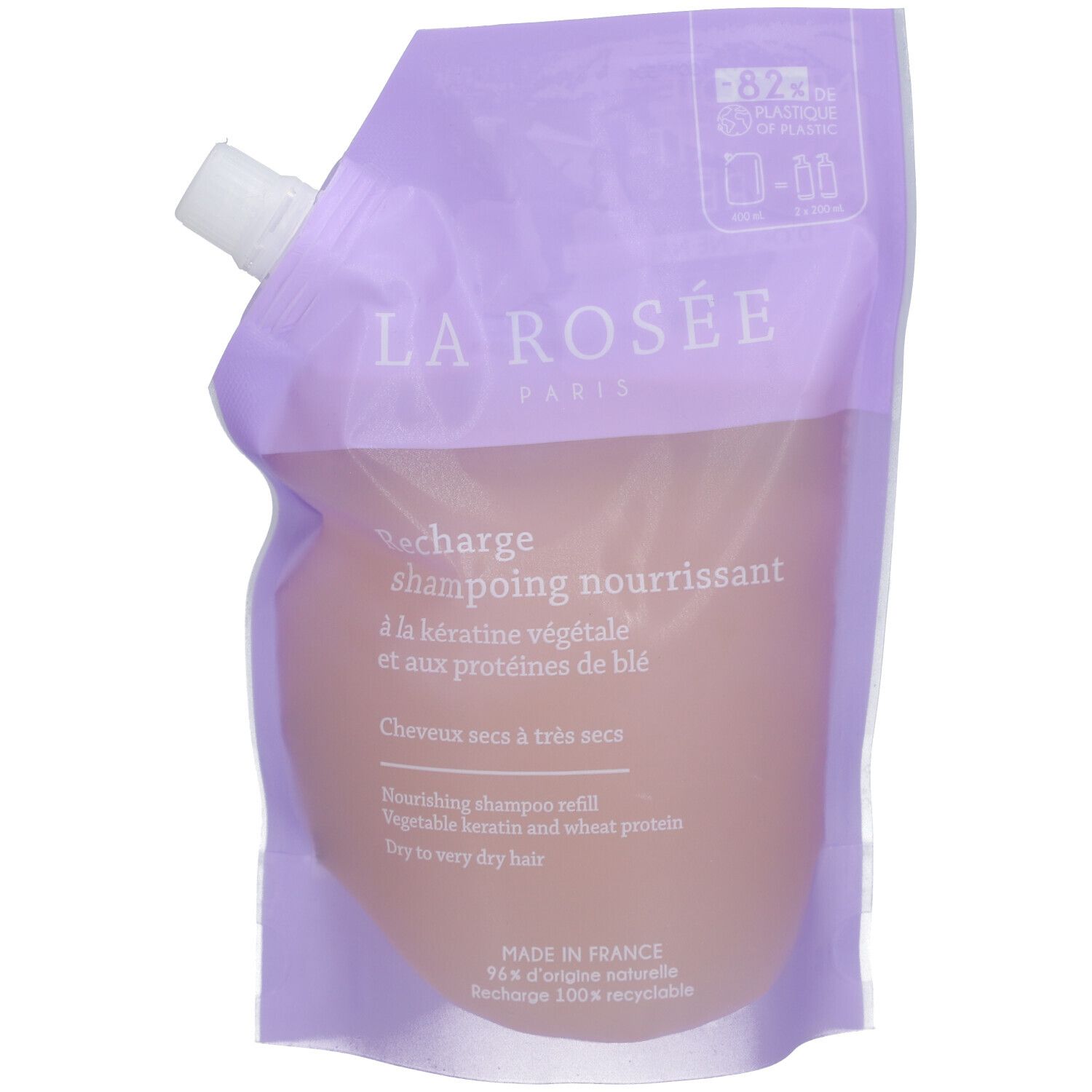 Recharge de shampooing La Rosée, emballage violet. Texte: "Recharge shampoing nourrissant à la kératine végétale".