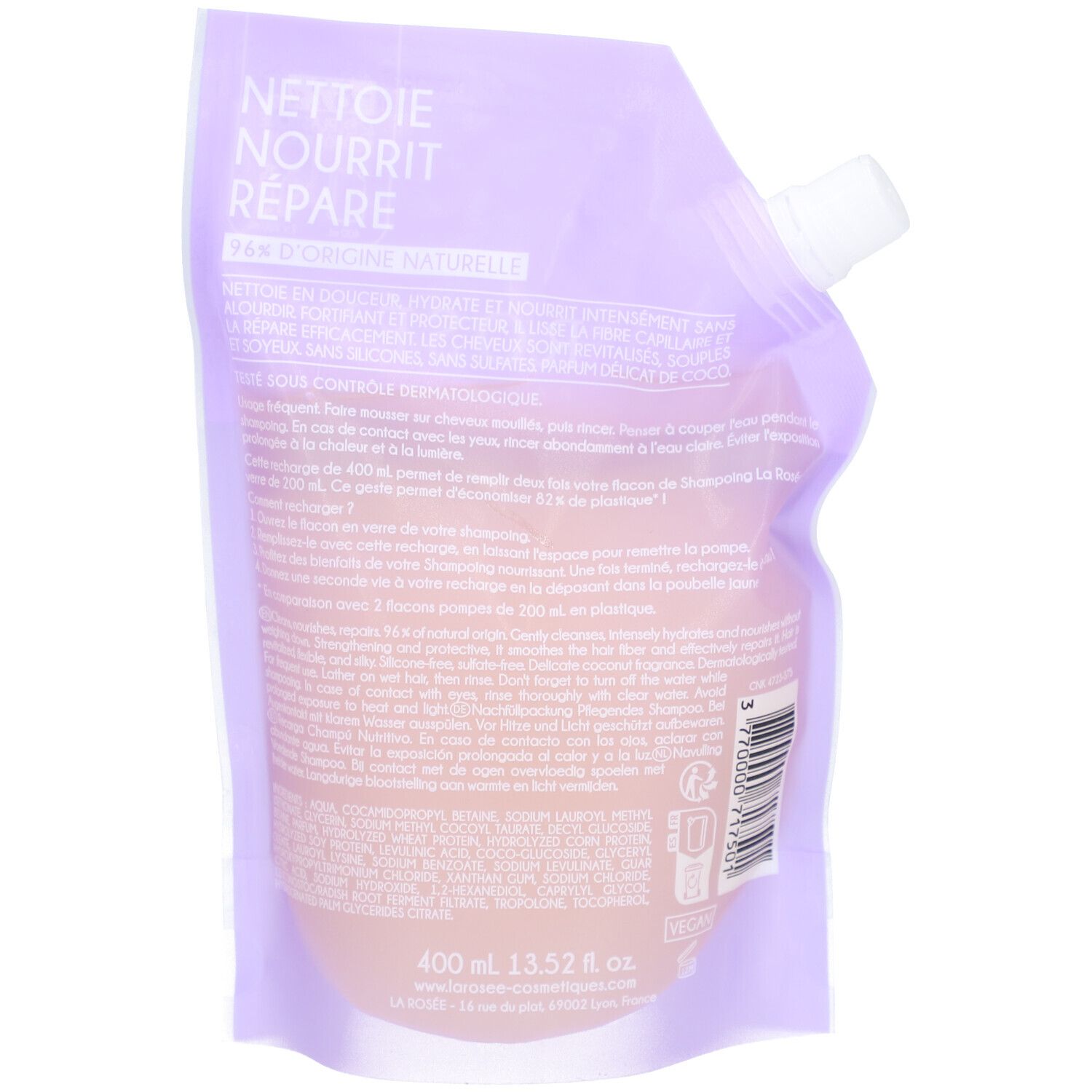 Dos de la recharge de shampooing La Rosée. Emballage violet. Texte: "Nettoie Nourrit Répare". Contient 400 ml.