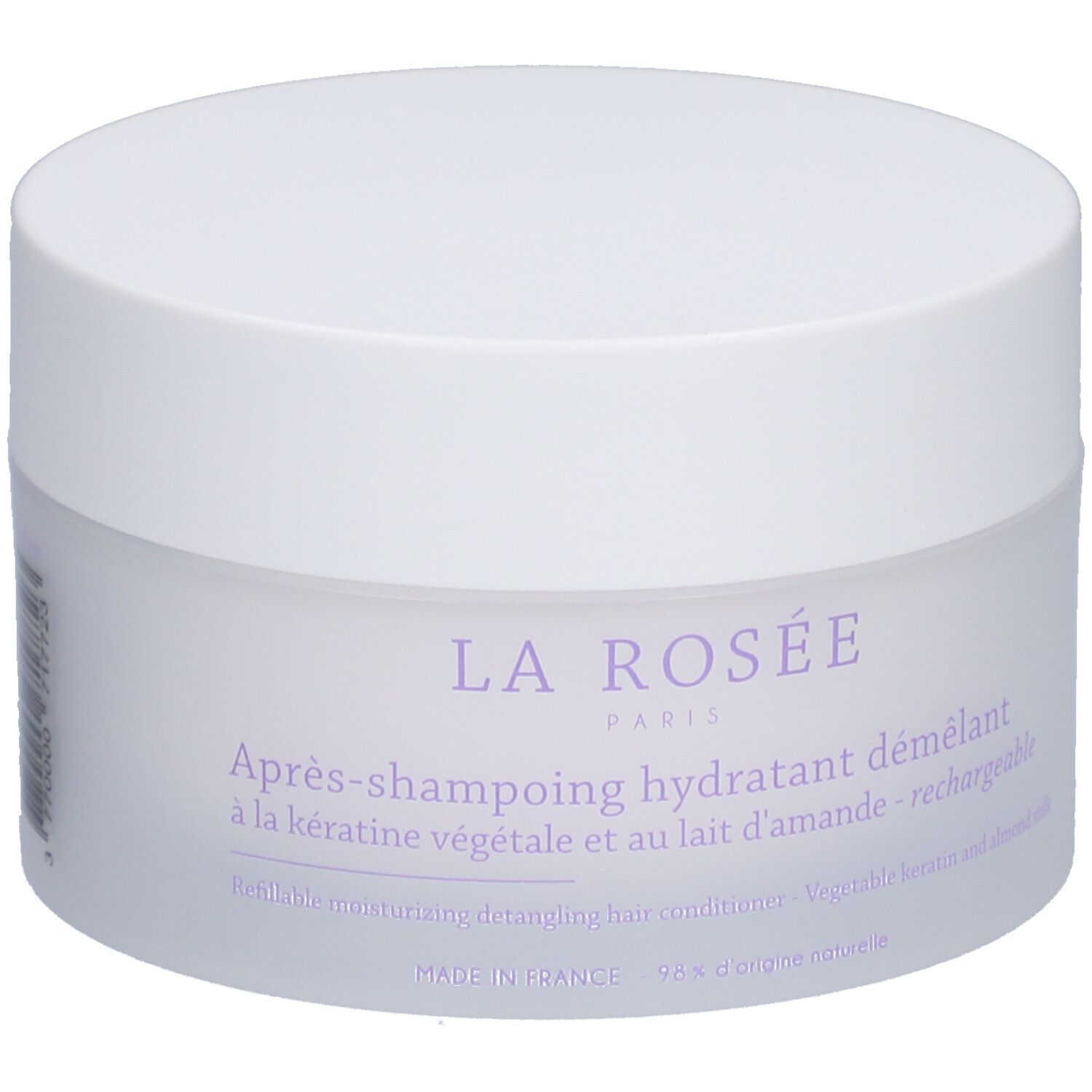 Pot blanc avec couvercle. Inscription: La Rosée Paris, Après-shampooing hydratant démêlant. Textes français et anglais.