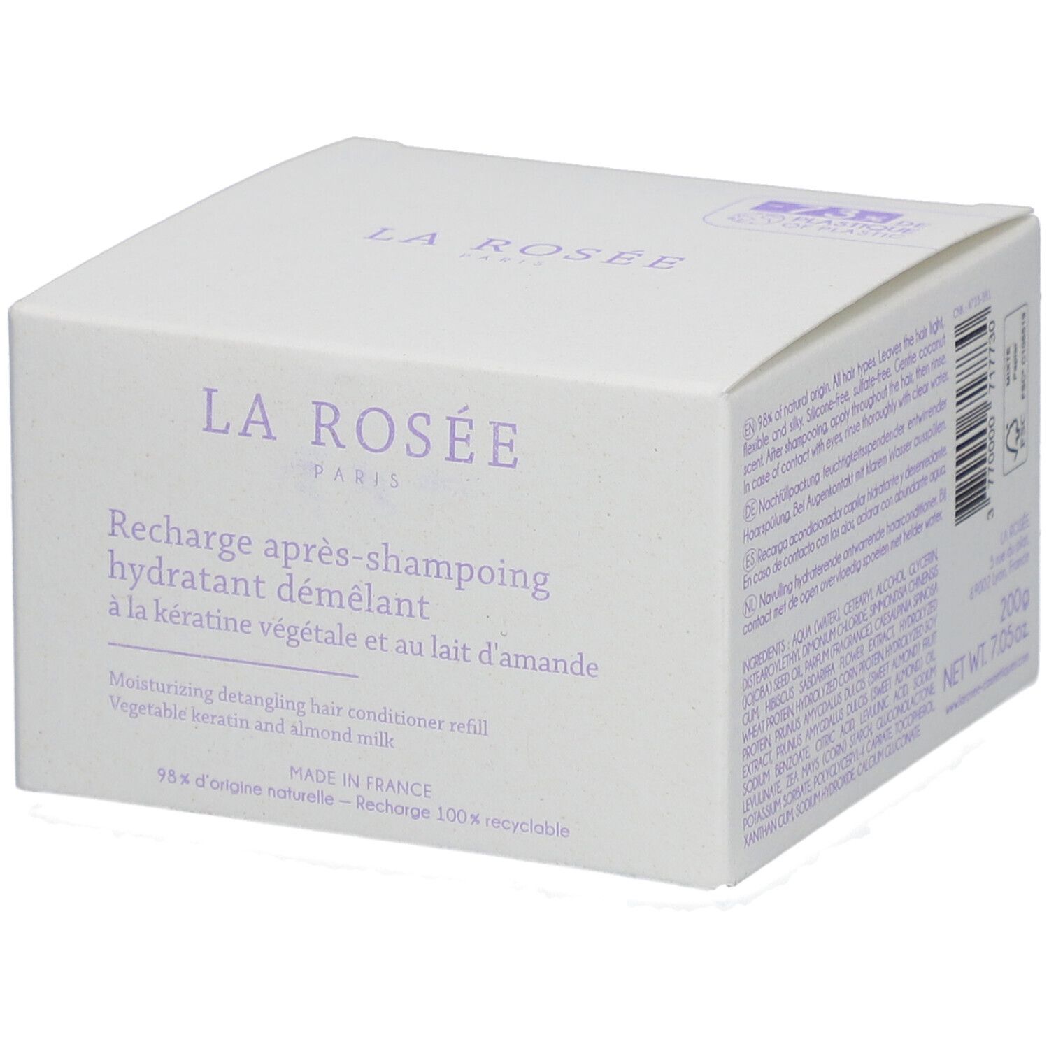 Witte doos met productinformatie. Opschrift: LA ROSÉE PARIS, Recharge après-shampooing hydratant démêlant.