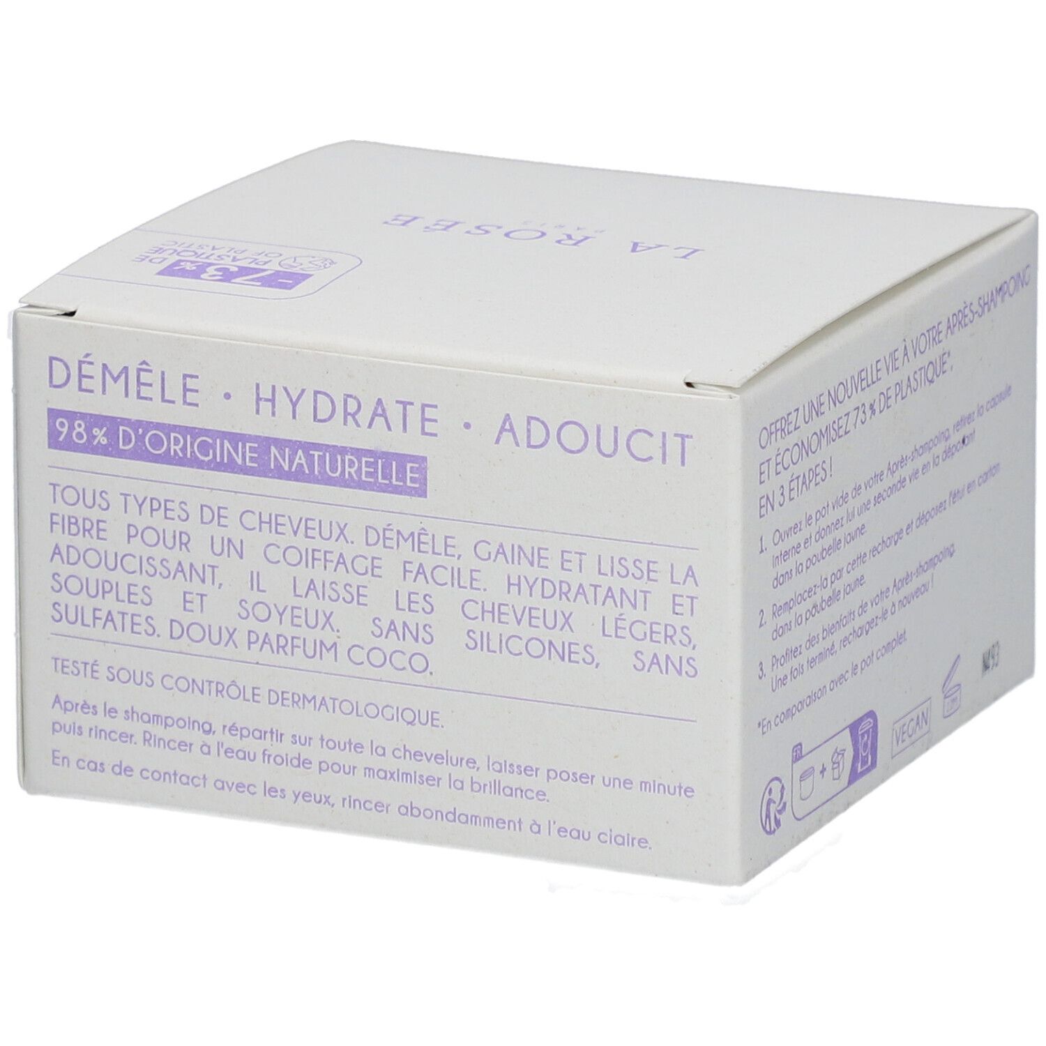 Witte doos met productinformatie. Tekst: DÉMÊLE • HYDRATE • ADOUCIT. 98% d'origine naturelle. Getest onder dermatologische controle.