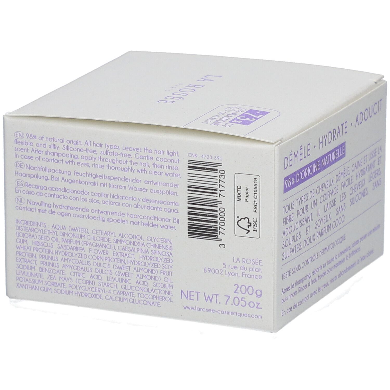 Witte doos met productinformatie. Tekst: 98% d'origine naturelle. 200g. www.larosee-cosmetiques.com. FSC-certificering.