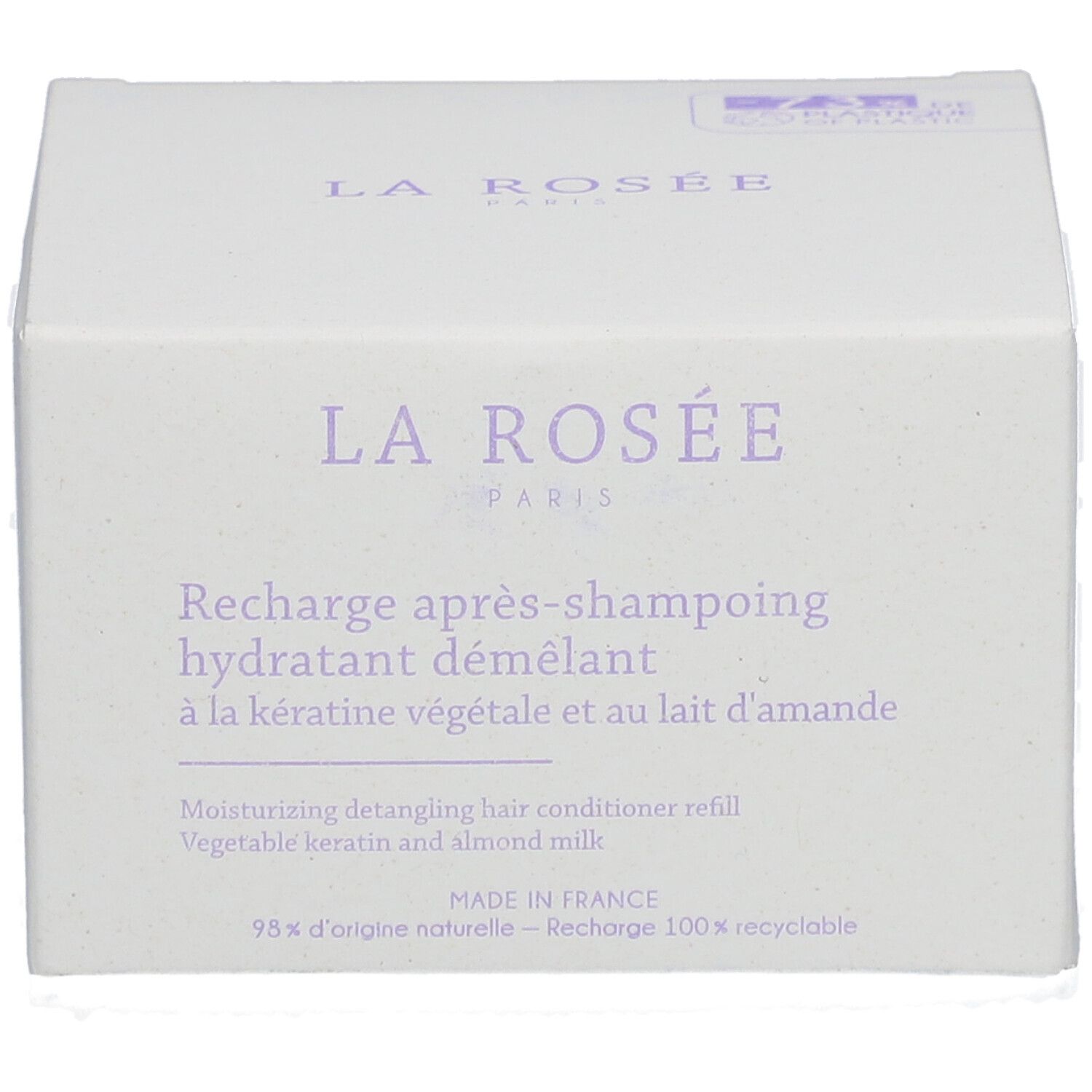Witte doos met productinformatie. Opschrift: LA ROSÉE PARIS, Recharge après-shampooing hydratant démêlant.