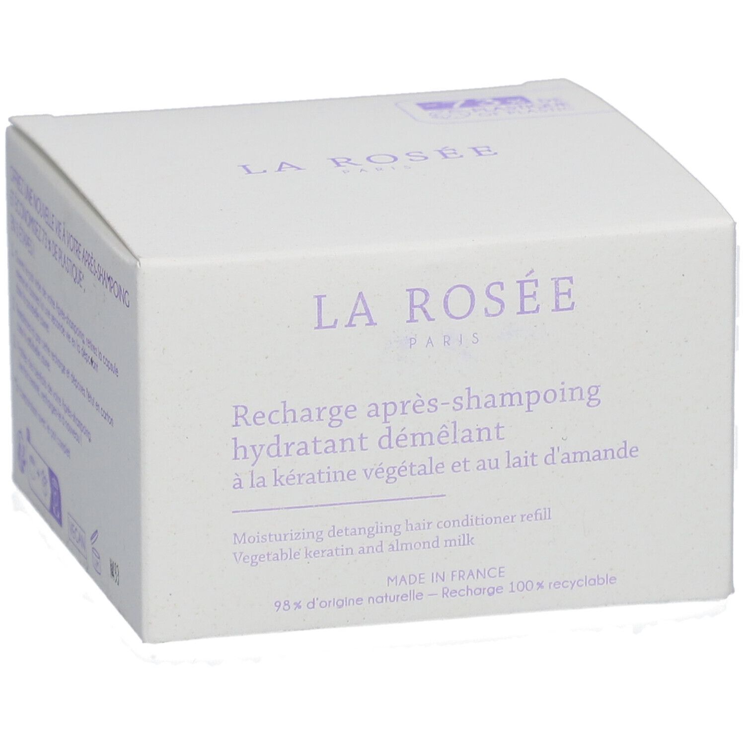Witte doos met productinformatie. Opschrift: LA ROSÉE PARIS, Recharge après-shampooing hydratant démêlant.