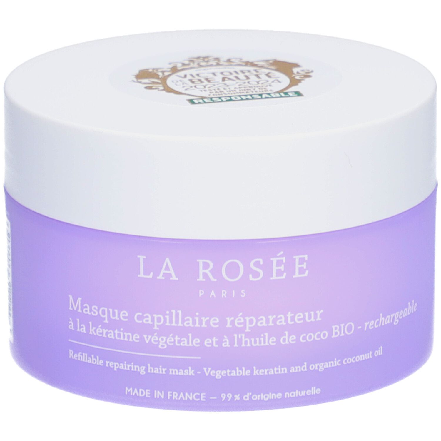 Lila haarmaskerpot met witte deksel. Opschrift: La Rosée Paris, Masque capillaire réparateur. Zegel: Victoire Beauté.