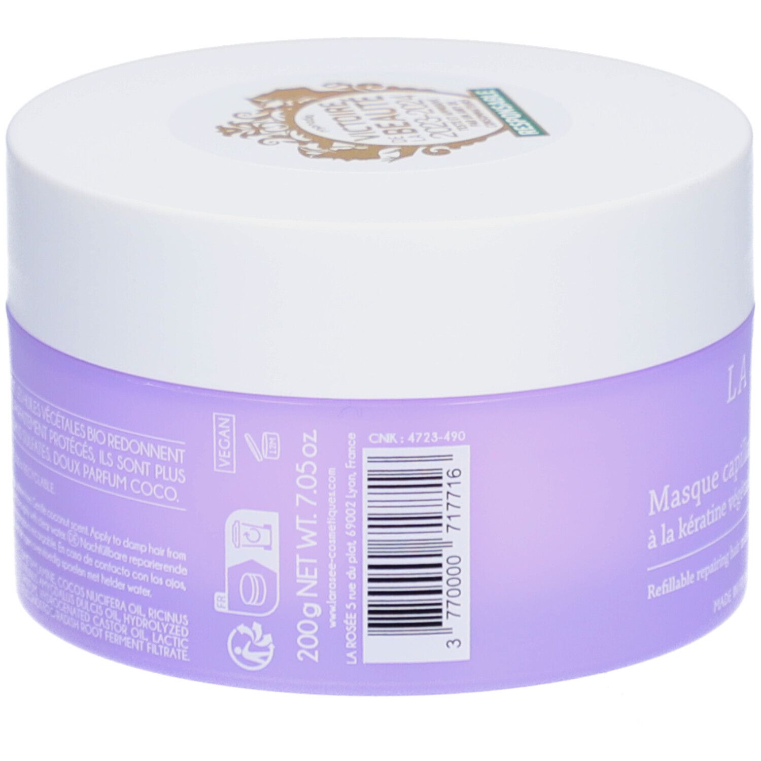 Lila haarmaskerpot met witte deksel. Opschrift: La Rosée. Tekst en barcode op de achterkant. Zegel: Victoire Beauté.