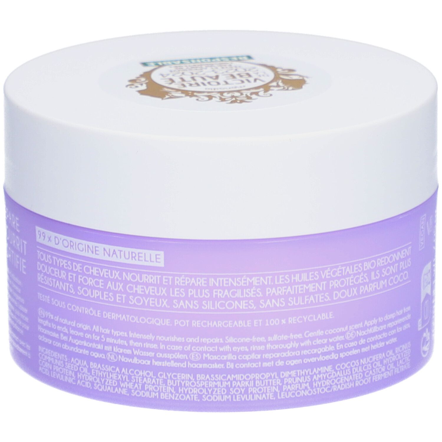 Lila haarmaskerpot met witte deksel. Opschrift: 99% d'origine naturelle. Zegel: Victoire Beauté. Franse tekst.
