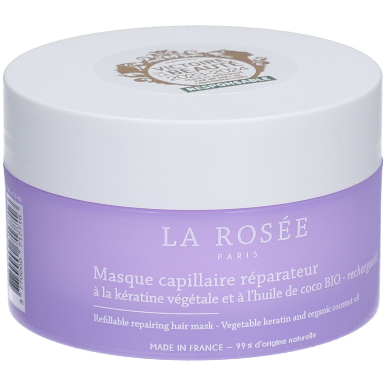 Lila haarmaskerpot met witte deksel. Opschrift: La Rosée Paris, Masque capillaire réparateur. Zegel: Victoire Beauté.