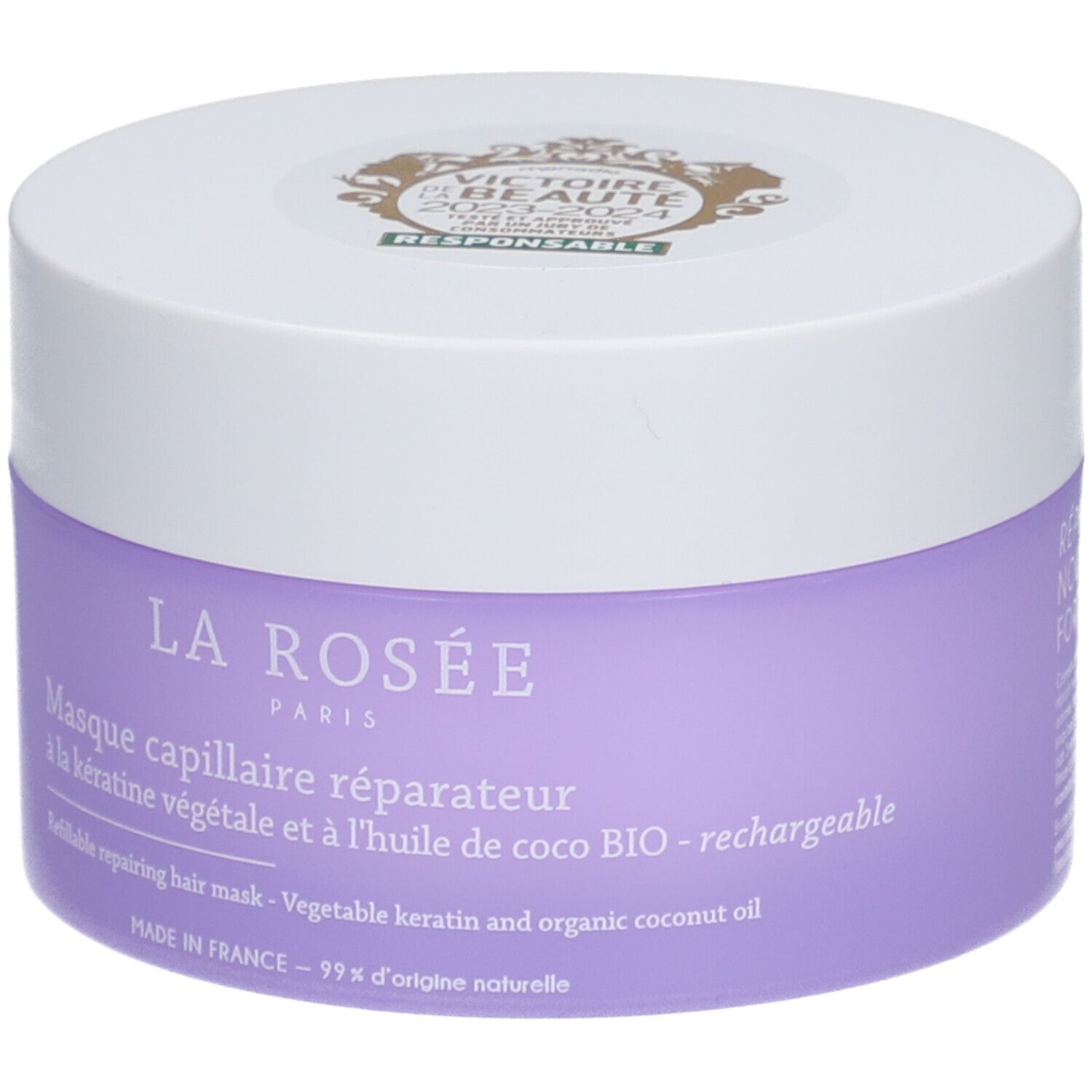 Lila haarmaskerpot met witte deksel. Opschrift: La Rosée Paris, Masque capillaire réparateur. Zegel: Victoire Beauté.