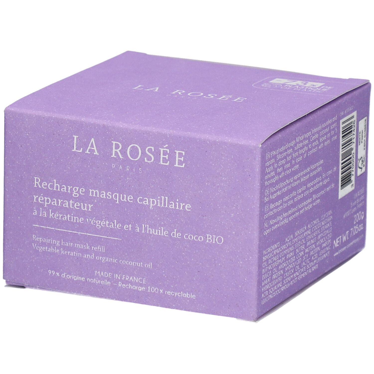 Boîte lilas LA ROSÉE. Recharge masque capillaire réparateur. Kératine végétale, huile de coco BIO. Fabriqué en France. 99% d'origine naturelle.