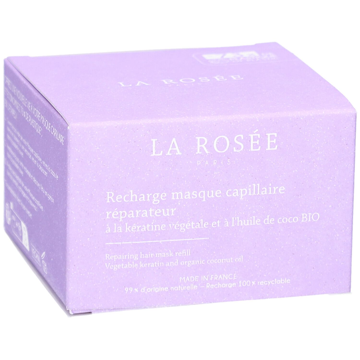 Boîte lilas LA ROSÉE. Recharge masque capillaire réparateur. Kératine, huile de coco. Fabriqué en France. 99% naturel.