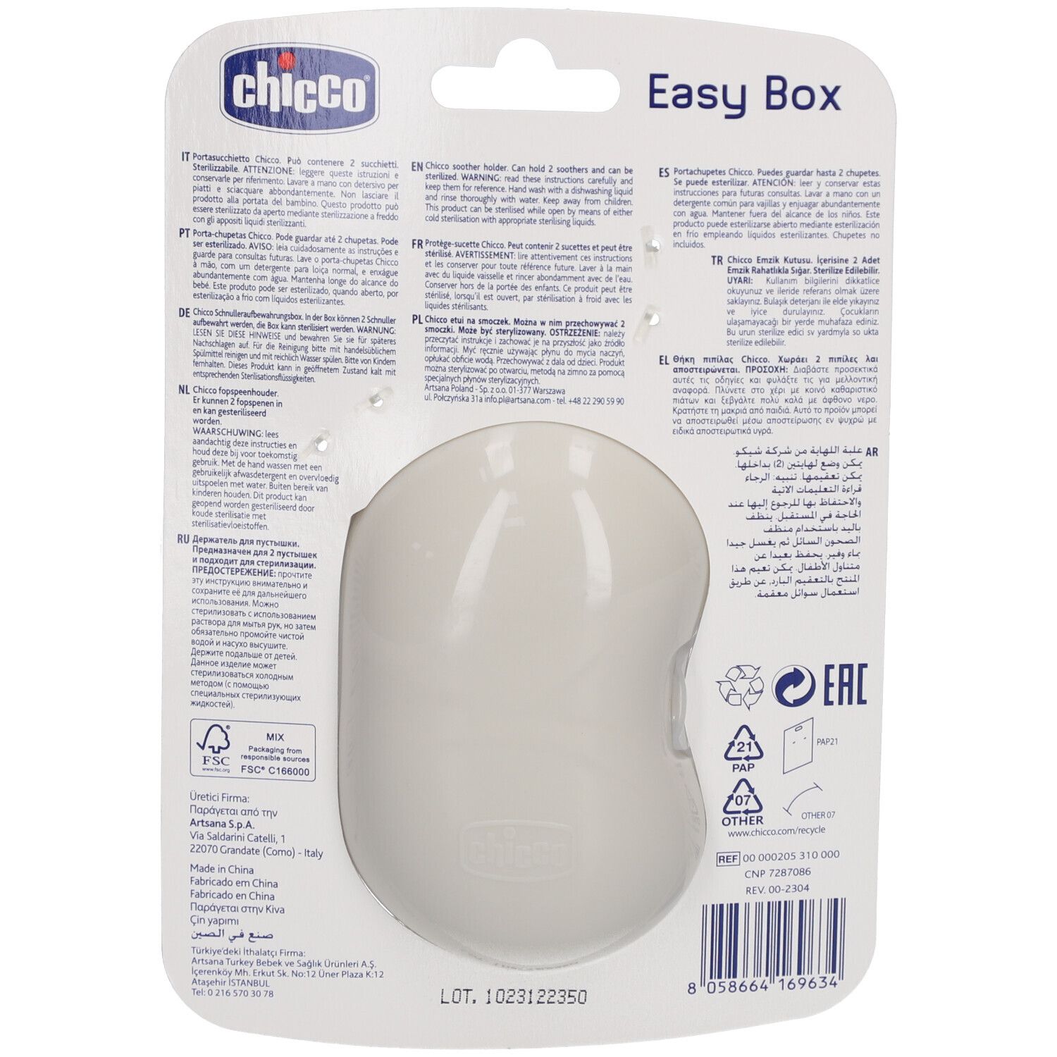 CHICCO Fopspeenhouder 2 Fopspenen 0m + Grijs