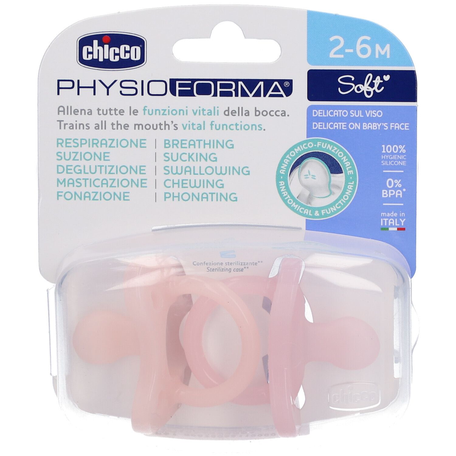 Roze fopspeen in transparante verpakking. Anatomisch-functioneel, 2-6 maanden. Tekst: PhysioForma, Soft, 100% hygiënische siliconen.