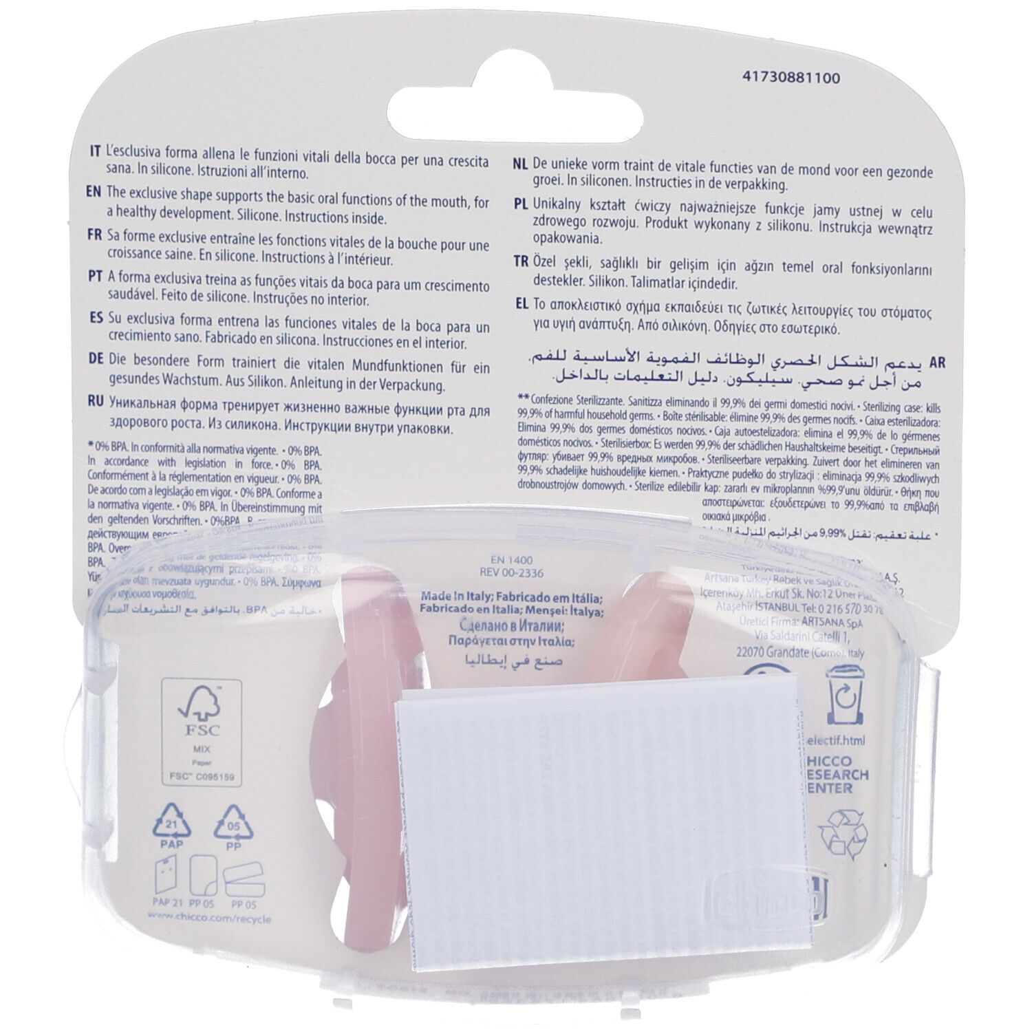 Achterkant van de verpakking met meertalige tekst. Bevat twee roze fopspenen. FSC-logo en recyclingsymbolen.
