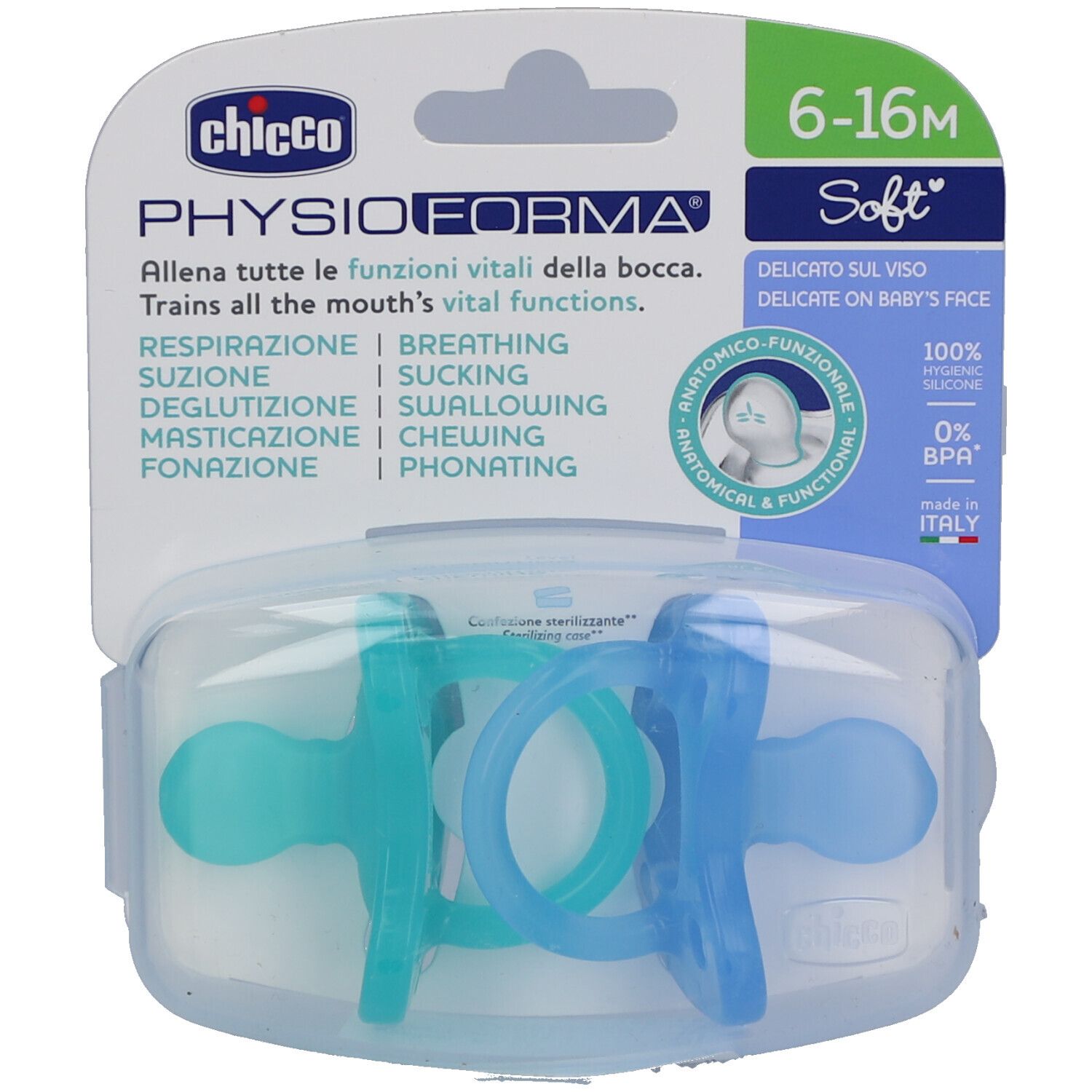 Deux sucettes bleues et turquoise dans un emballage transparent. Marque et nom du produit visibles.