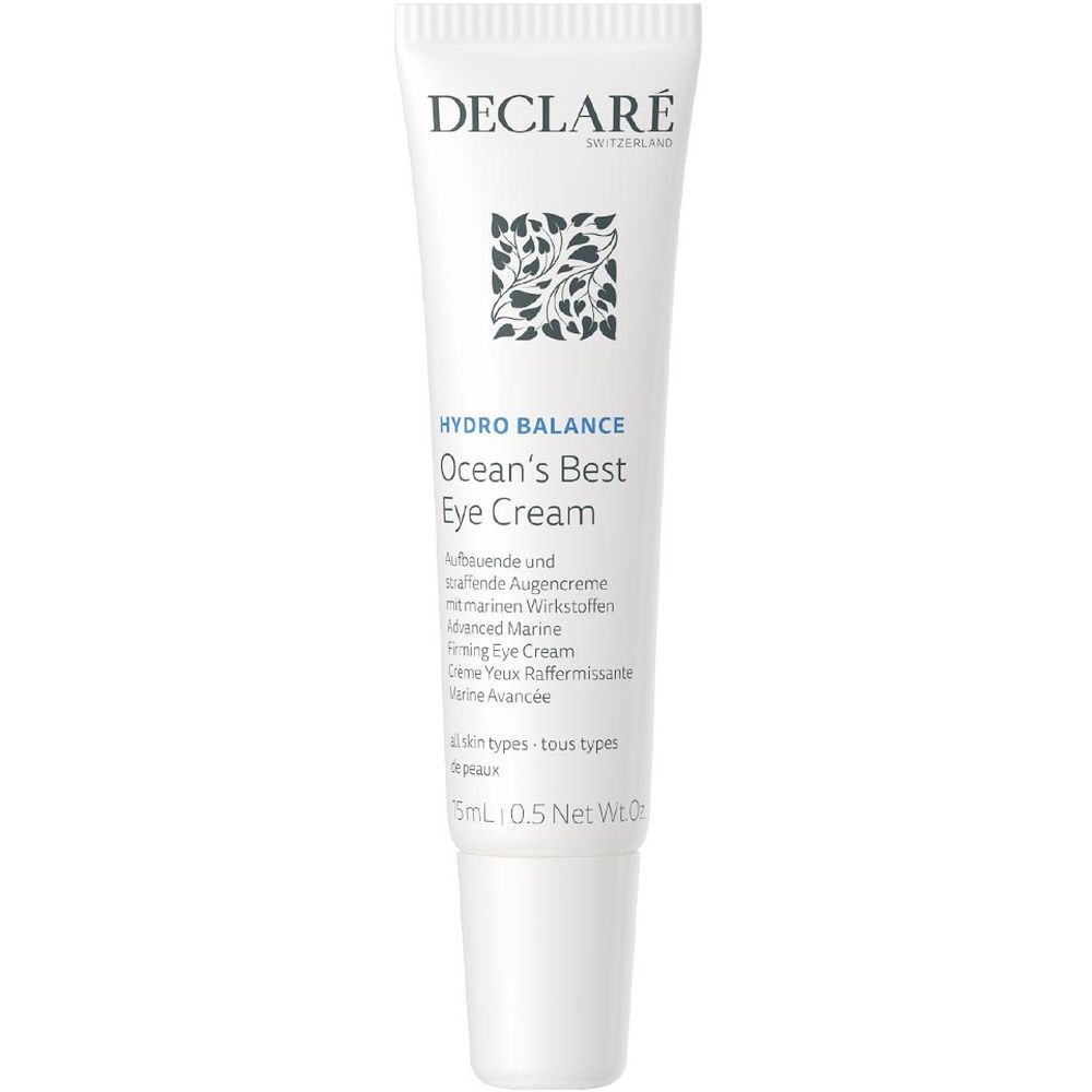 Witte tube DECLARÉ. Tekst: Hydro Balance Ocean's Best Eye Cream. Inhoud 15ml. Tekst in het Engels en Duits.