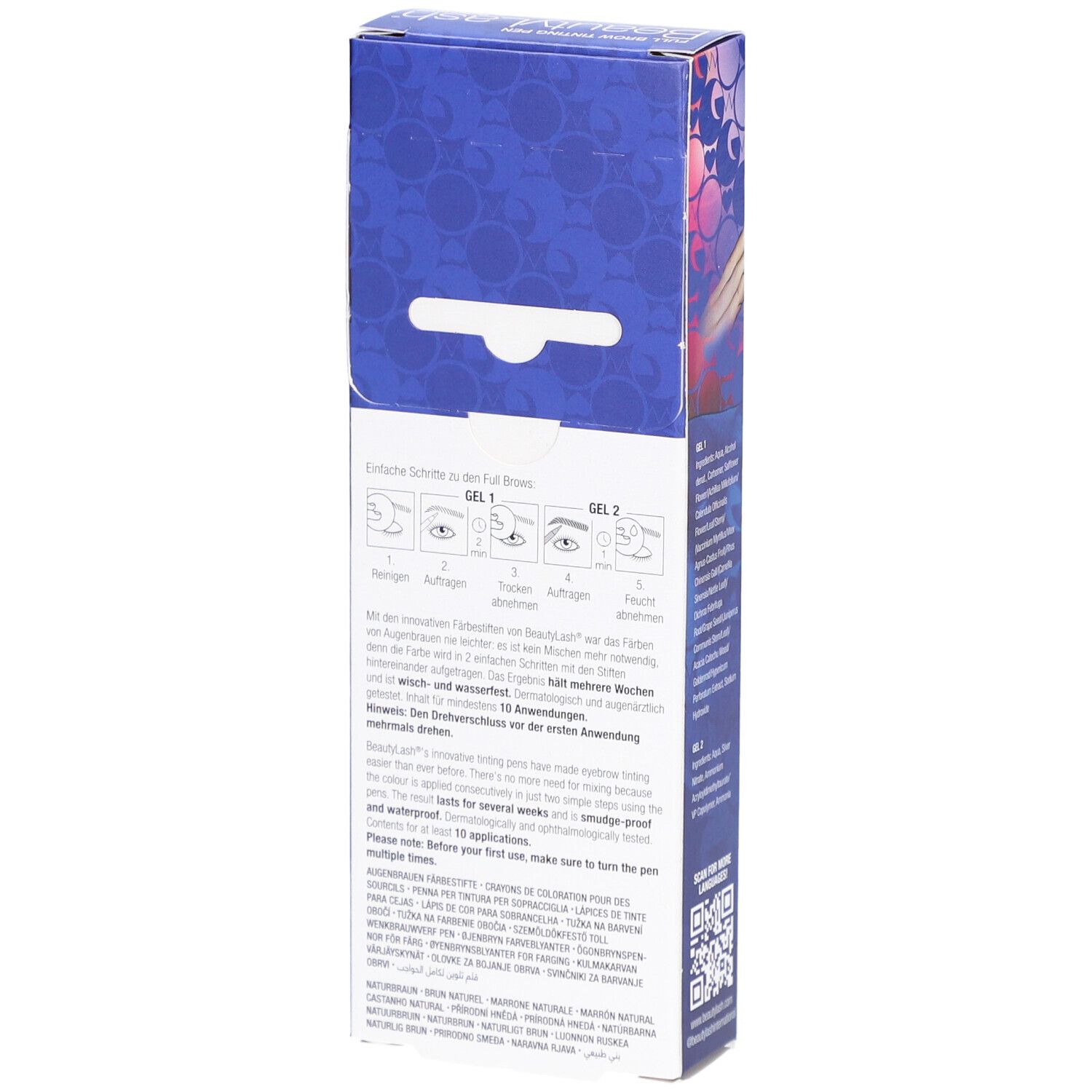 Achterkant van de BeautyLash Two Go verpakking. Toepassingsstappen en informatie worden weergegeven.
