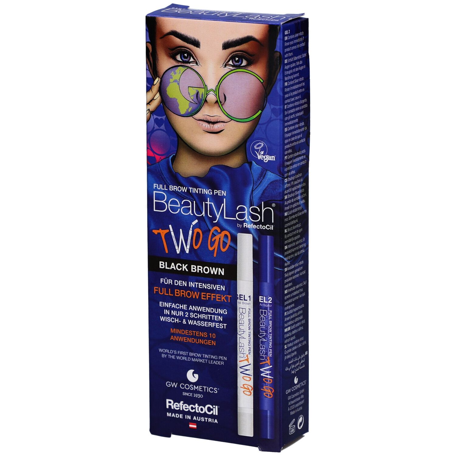 RefectoCil BeautyLash TWO GO Black Brown. Verpakking met stiften en afbeelding van een gezicht.