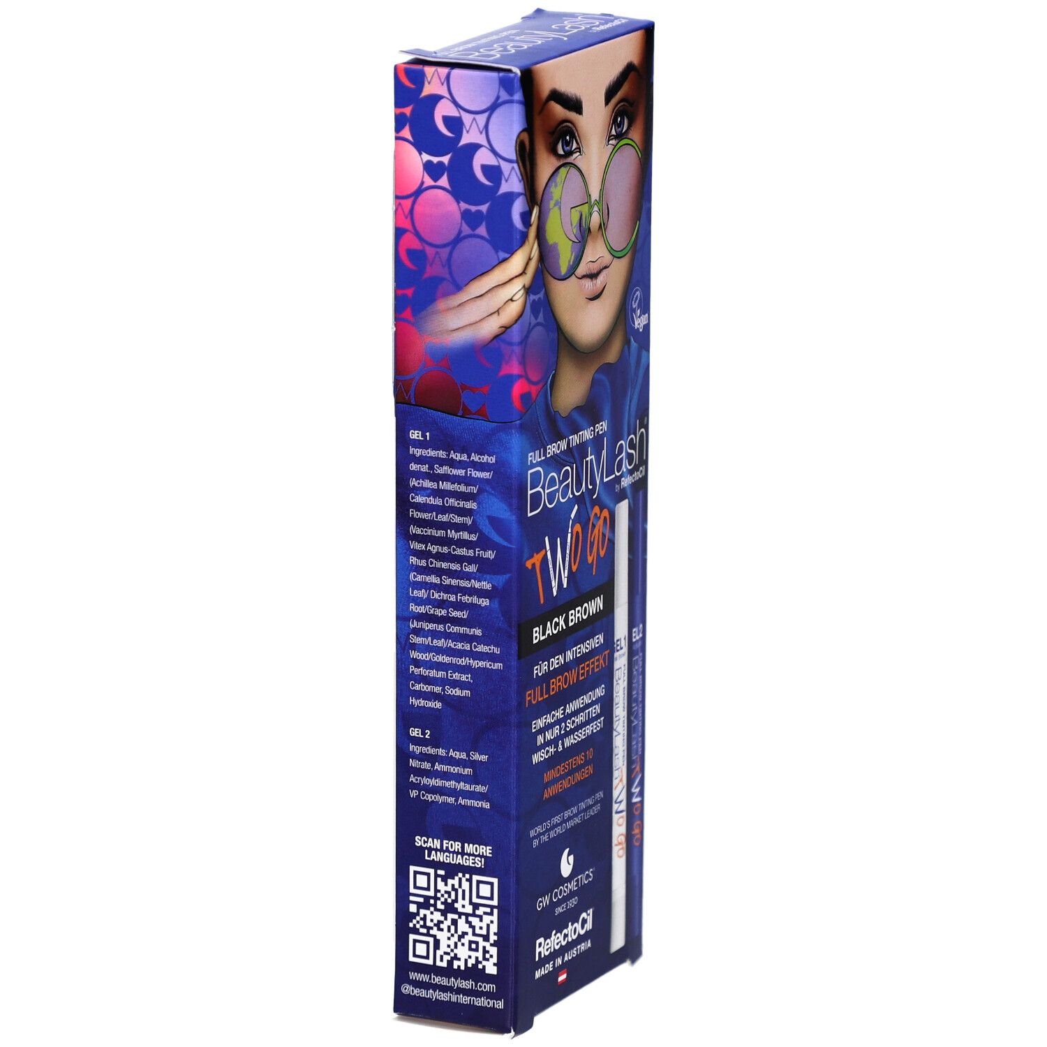 RefectoCil BeautyLash TWO GO Black Brown. Verpakking, zijaanzicht met tekst en QR-code.