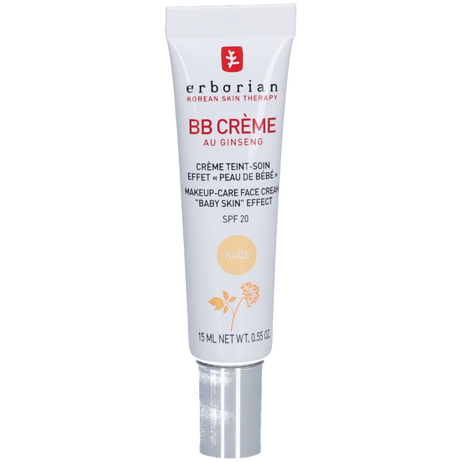 Tube blanc Erborian BB Crème. Texte noir et rouge. Teinte Nude. SPF 20. 15 ml.