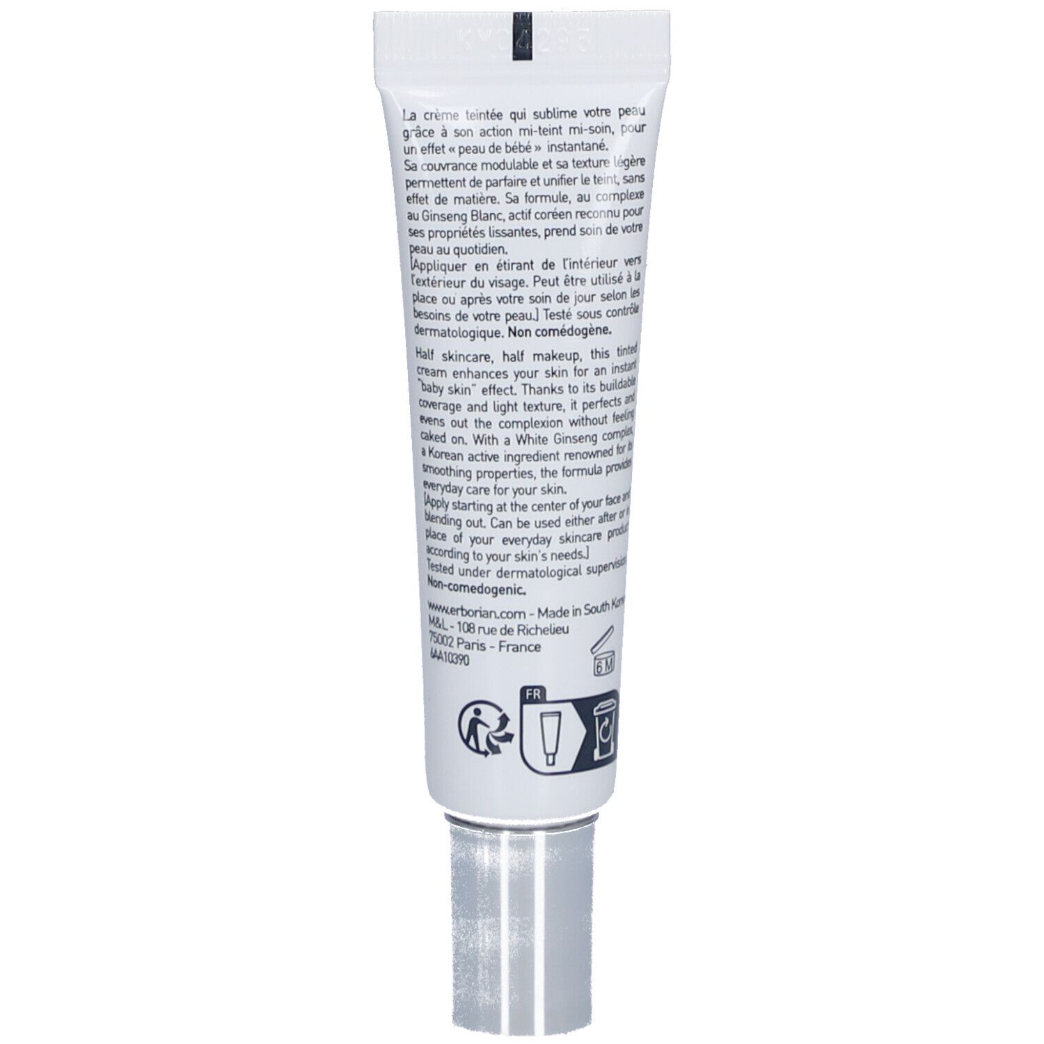 Dos du tube blanc. Texte multilingue. Bouchon à vis gris. Symbole de recyclage.