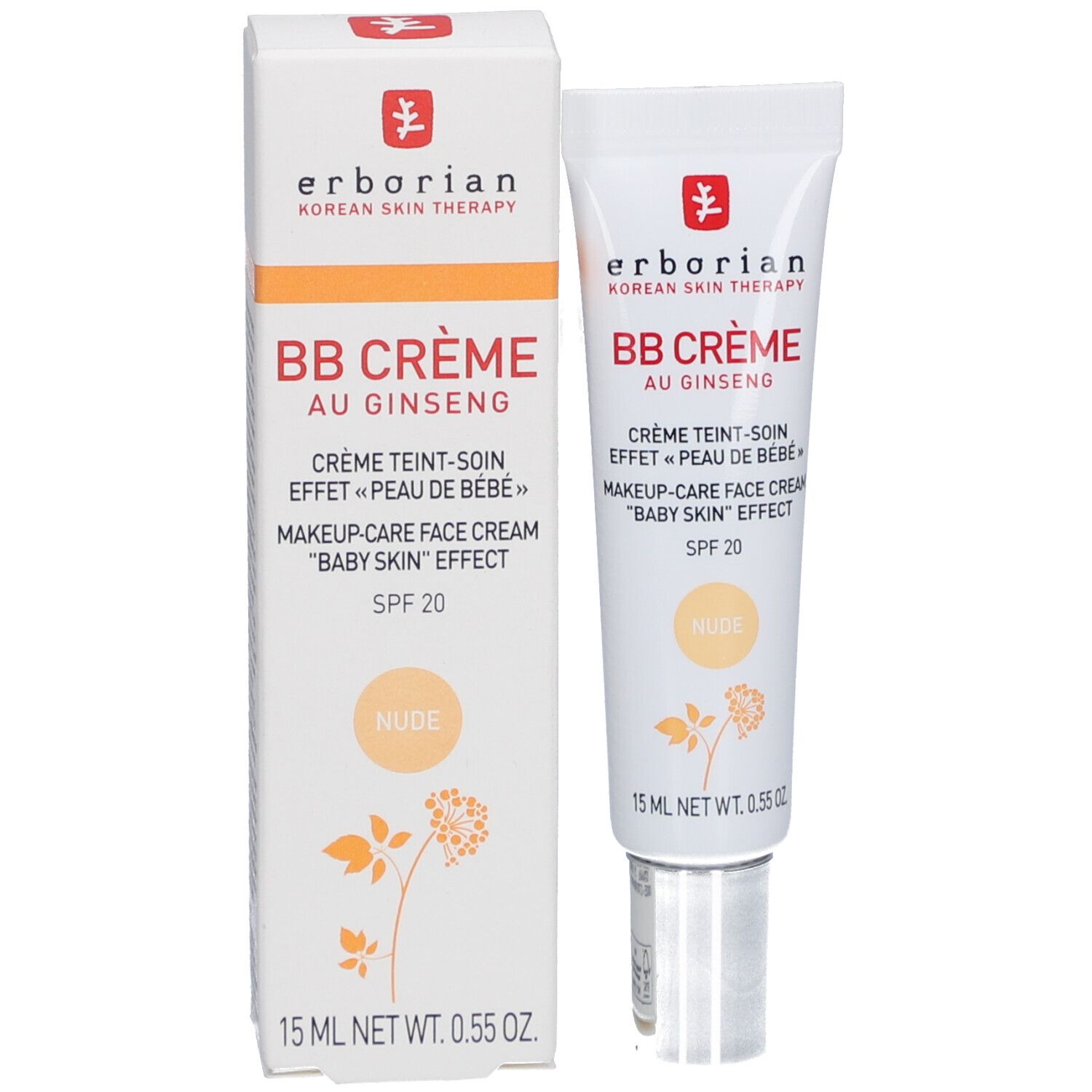 Erborian BB Crème en boîte et tube. Emballage blanc avec texte rouge et noir. Teinte Nude. SPF 20.