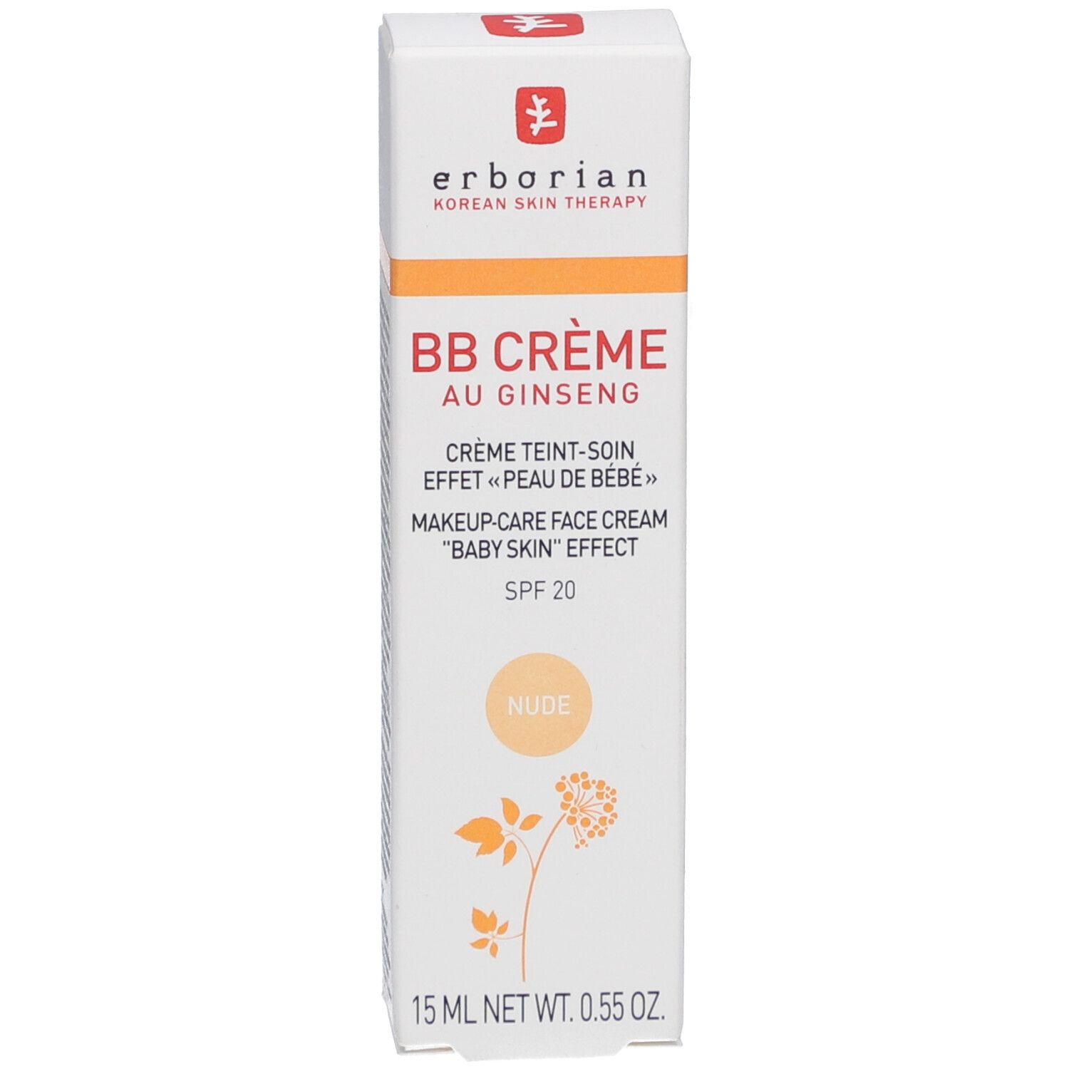 Boîte blanche Erborian BB Crème. Texte rouge et noir. Teinte Nude. SPF 20. 15 ml.