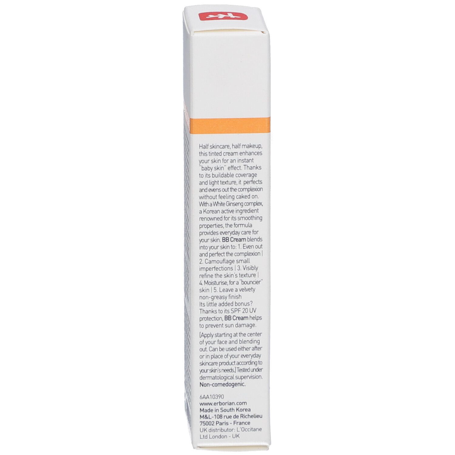 Côté de la boîte avec texte. Bande orange. Description du produit en anglais et français.