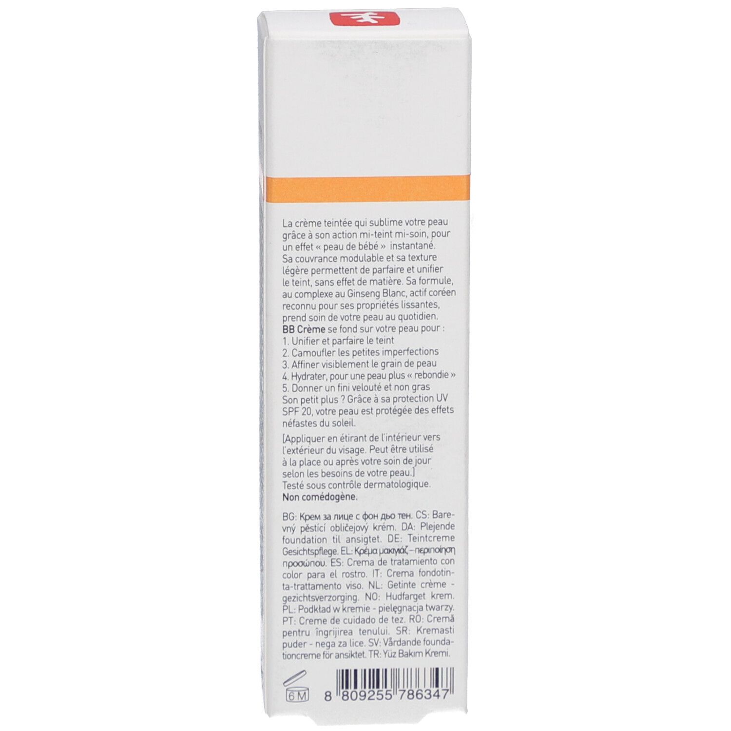 Côté de la boîte avec texte. Bande orange. Description du produit en plusieurs langues.