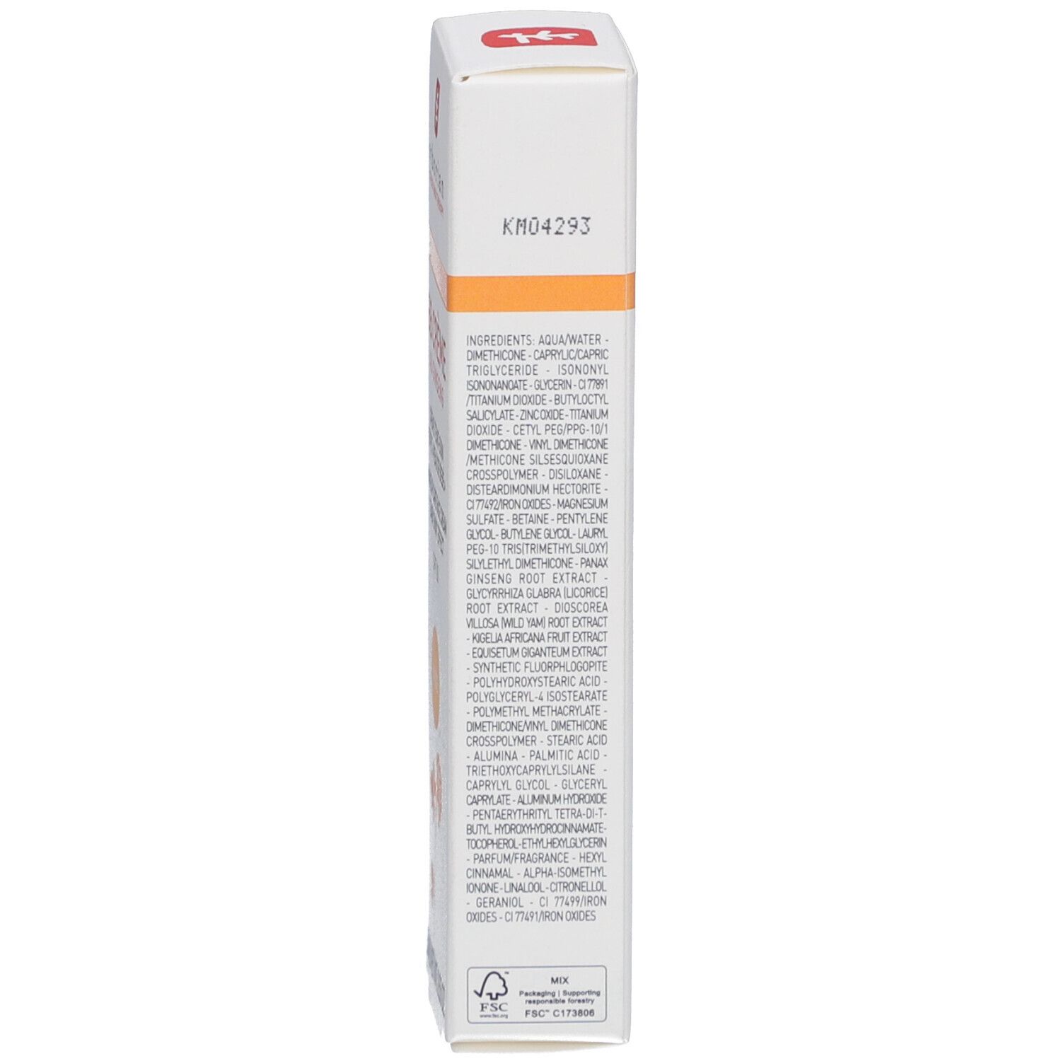 Côté de la boîte avec ingrédients. Bande orange. Texte en noir.