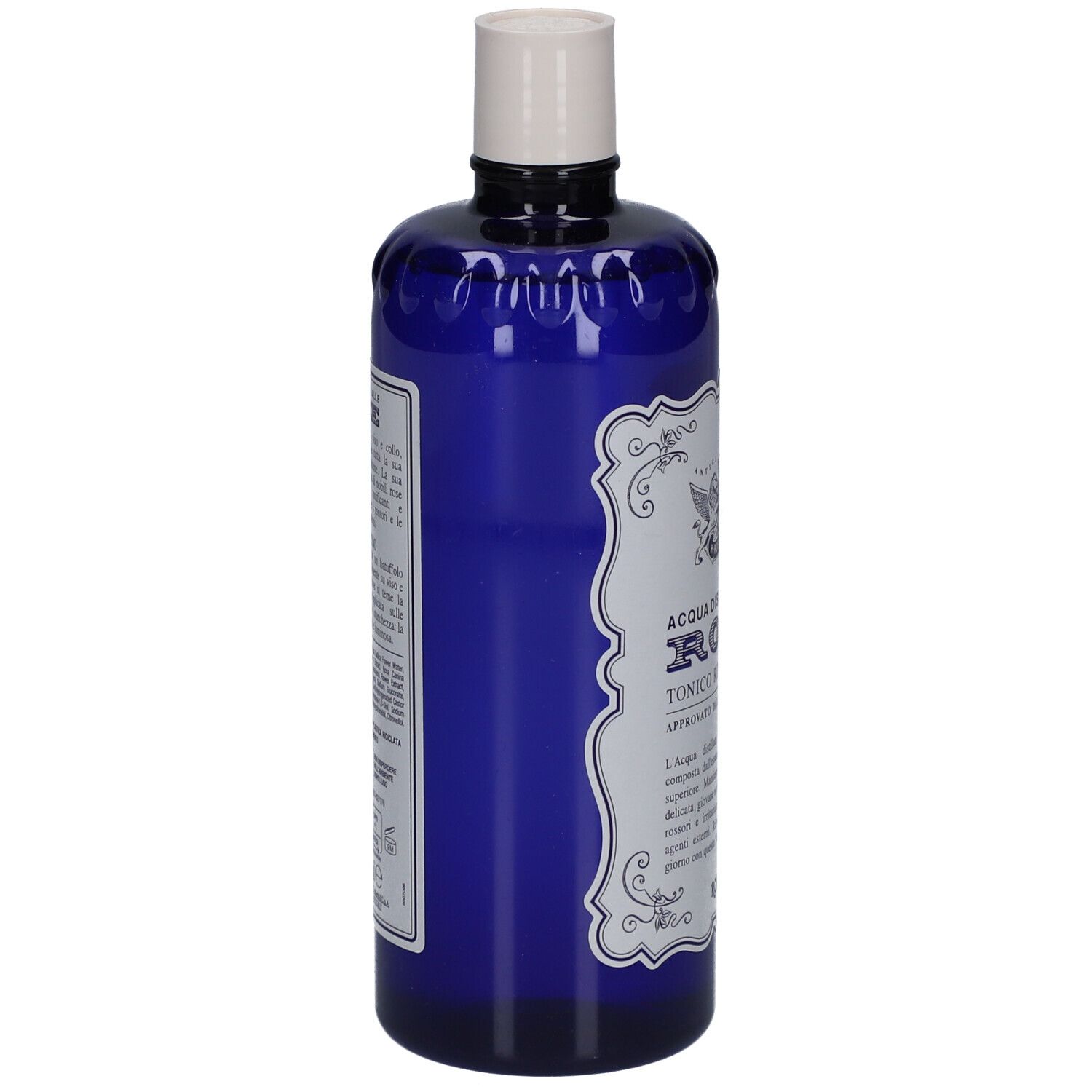 Bouteille bleue avec bouchon blanc. Inscription: ACQUA DISTILLATA ALLE ROSE. Marque: ROBERTS. Vue latérale.