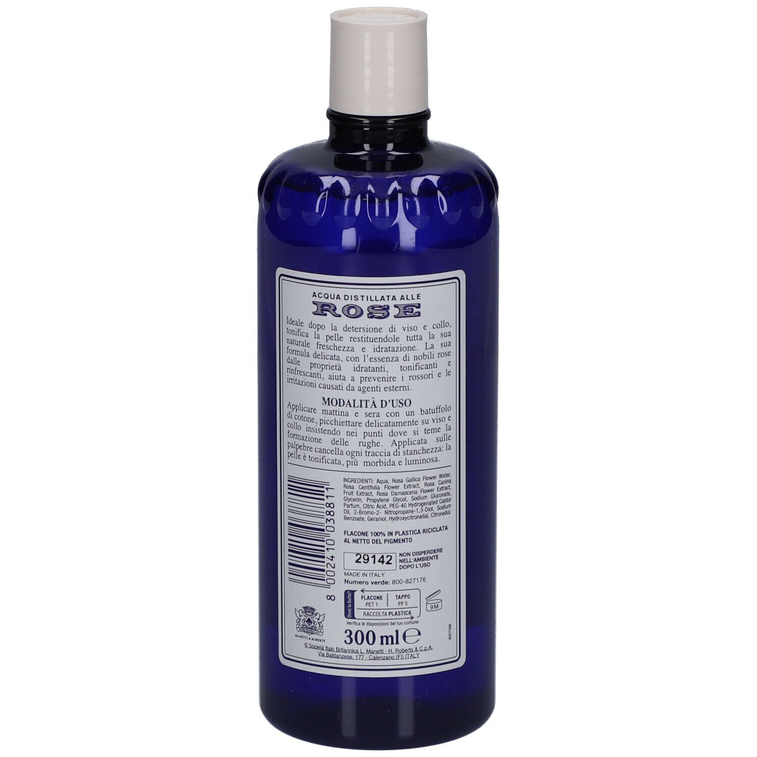 Bouteille bleue avec bouchon blanc. Inscription: ACQUA DISTILLATA ALLE ROSE. Marque: ROBERTS. Dos avec texte et volume.