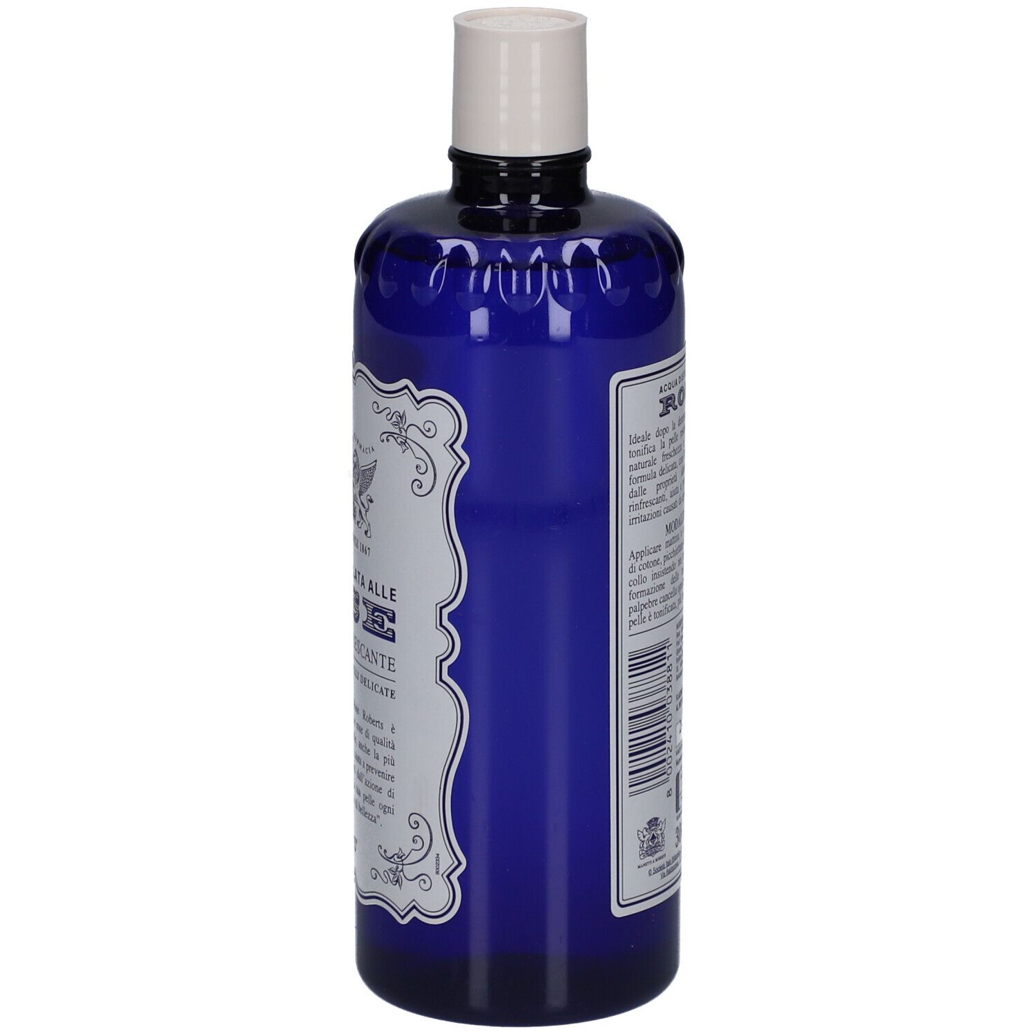 Bouteille bleue avec bouchon blanc. Inscription: ACQUA DISTILLATA ALLE ROSE TONICO RINFRESCANTE. Marque: ROBERTS. Vue latérale.