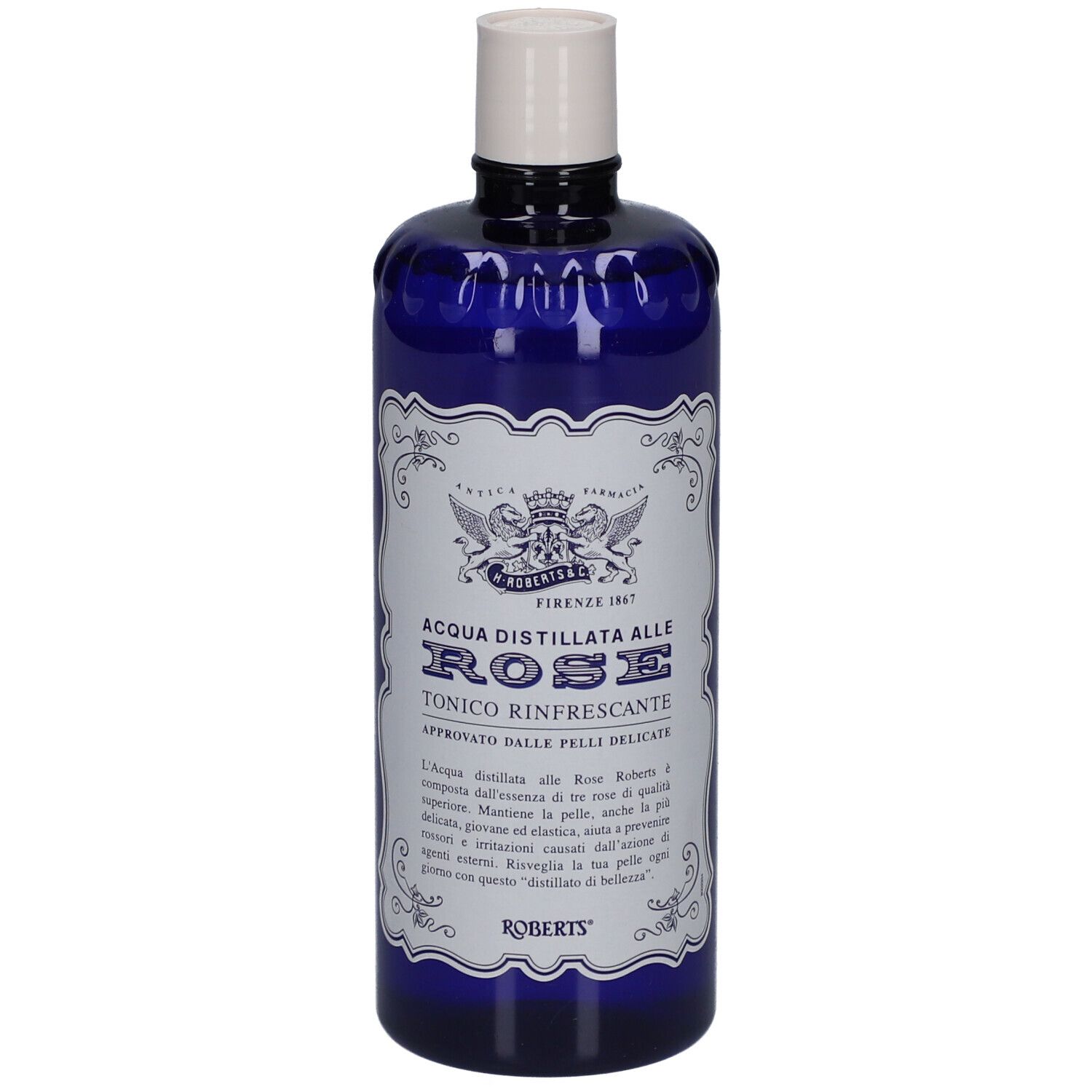Bouteille bleue avec bouchon blanc. Inscription: ACQUA DISTILLATA ALLE ROSE TONICO RINFRESCANTE. Marque: ROBERTS.