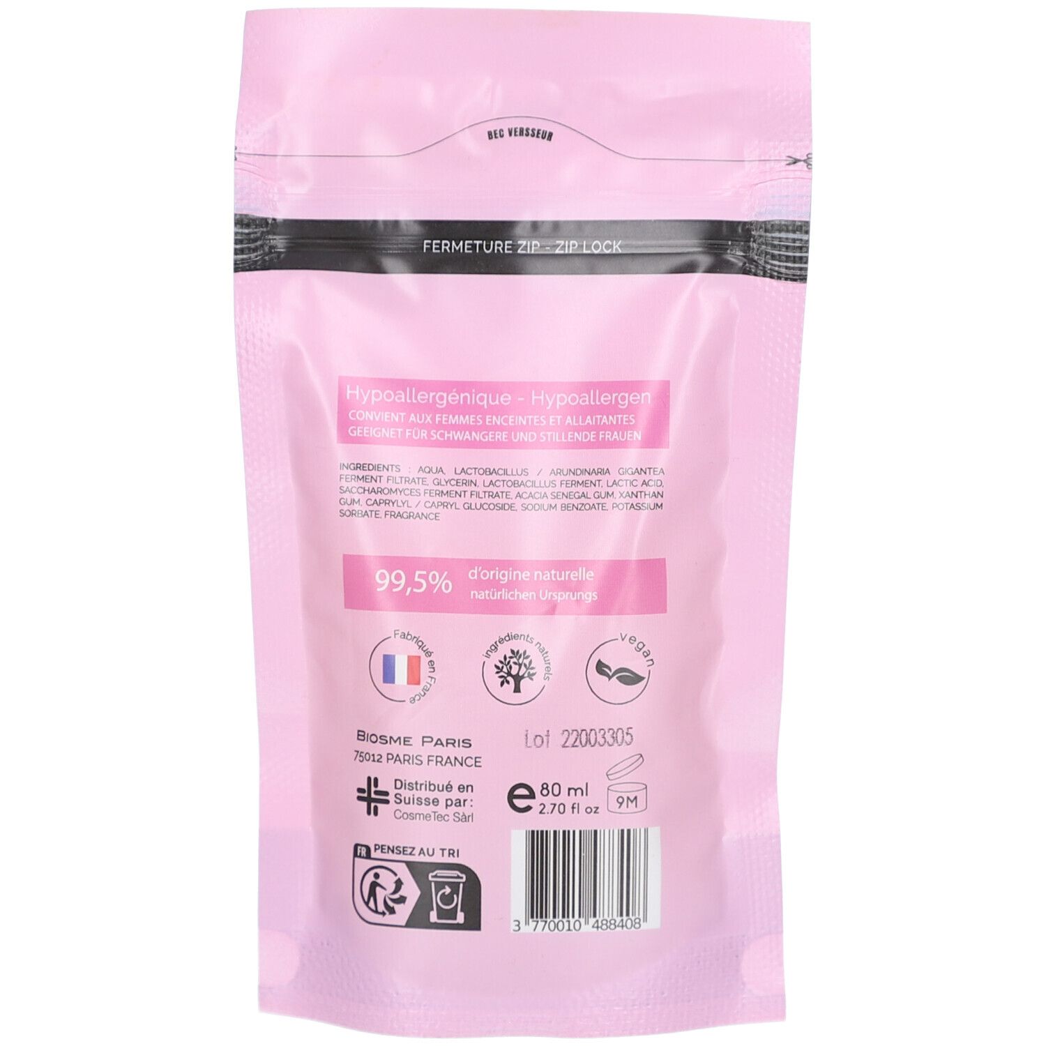 Achterkant roze navulverpakking. Tekst: Hypoallergeen, ingrediënten, 99,5% natuurlijke oorsprong. Logo's en lotnummer.