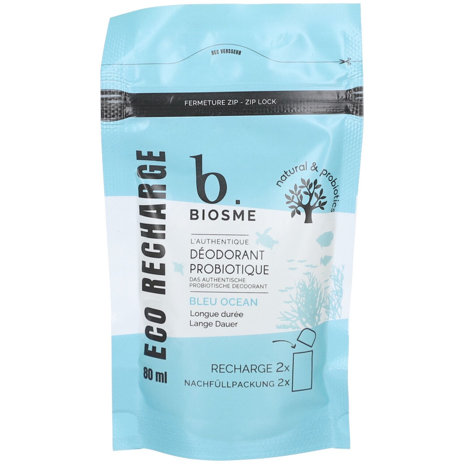 Recharge de déodorant Bleu Océan. Emballage bleu clair avec fermeture zip. Inscriptions: BIOSME, Eco Recharge.