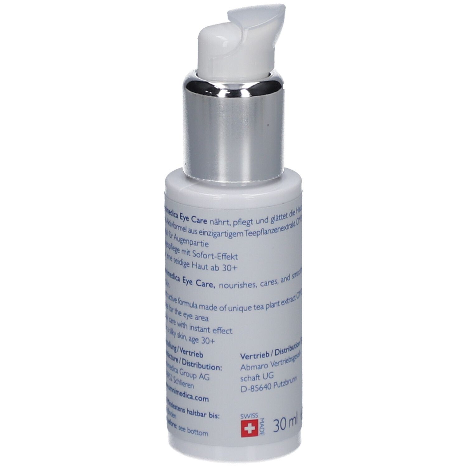 Flacon de soin pour les yeux, vue arrière. Flacon blanc avec étiquette bleue et texte. Pompe argentée.