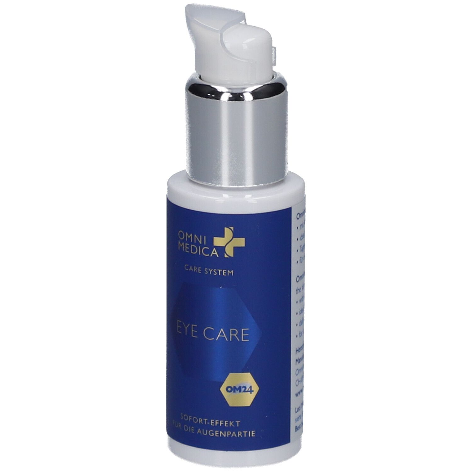 Flacon de soin pour les yeux avec pompe. Étiquette bleu et blanc avec EYE CARE et logo.