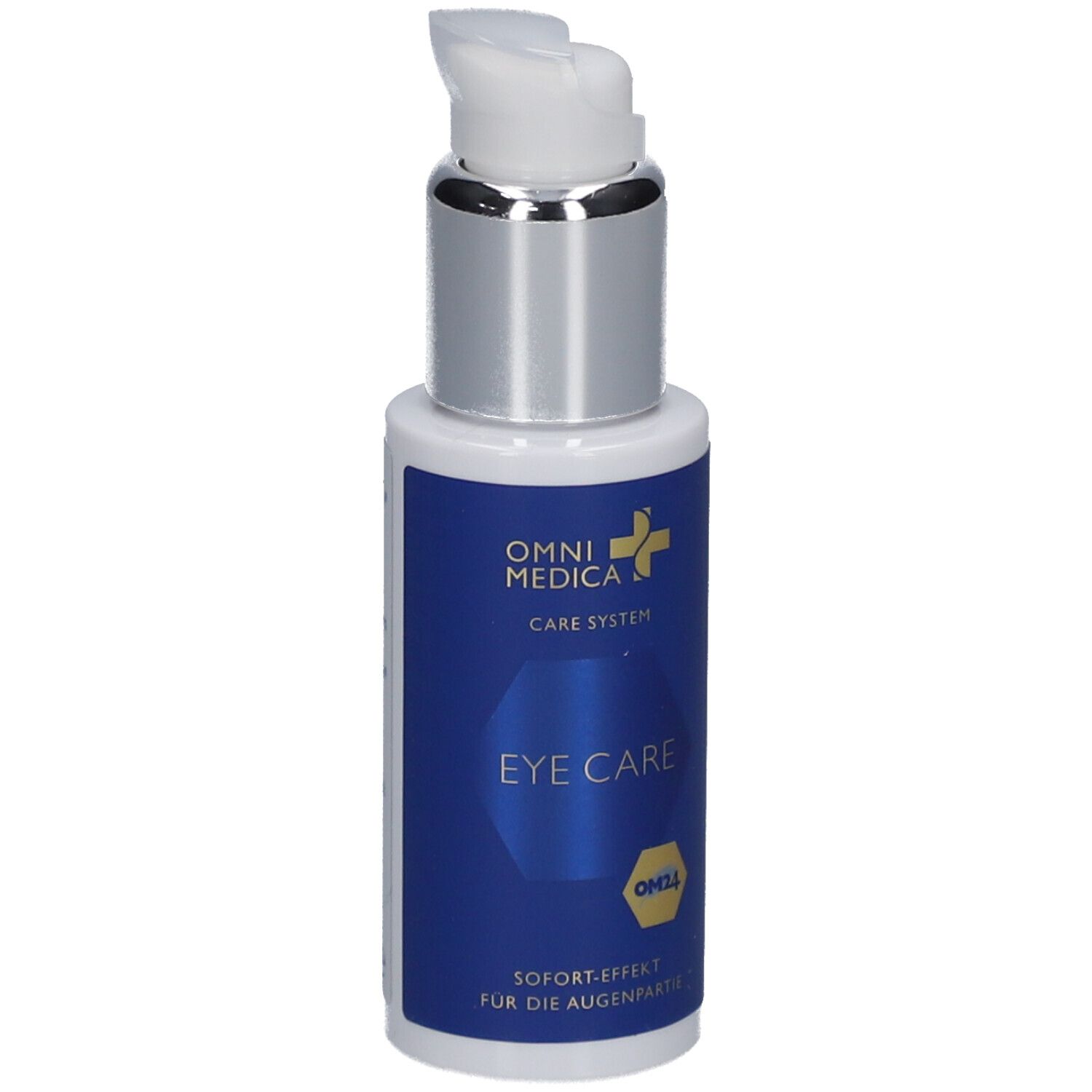 Flacon de soin pour les yeux avec pompe. Étiquette bleu et blanc avec EYE CARE et logo.