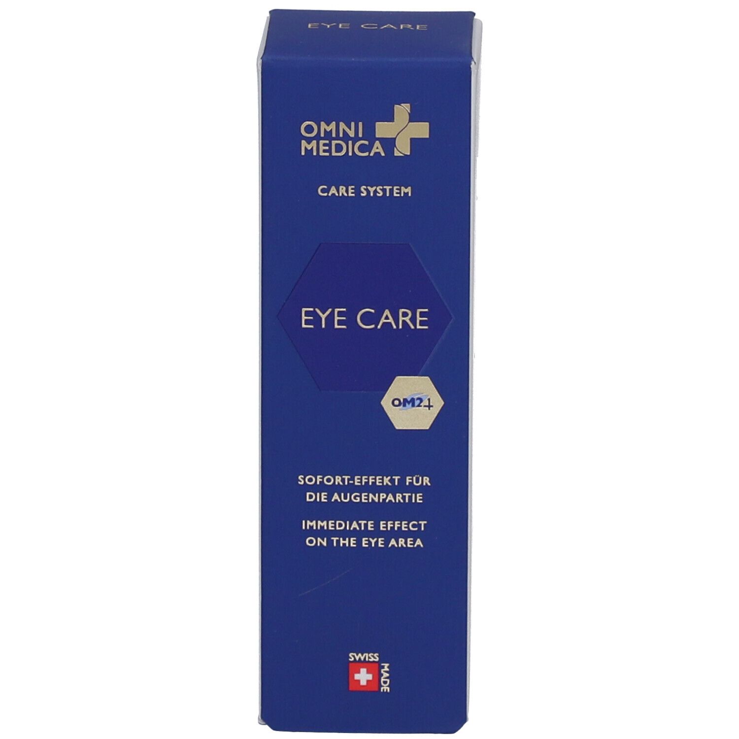 Emballage bleu pour soin des yeux. Inscription EYE CARE et logo. Drapeau suisse.