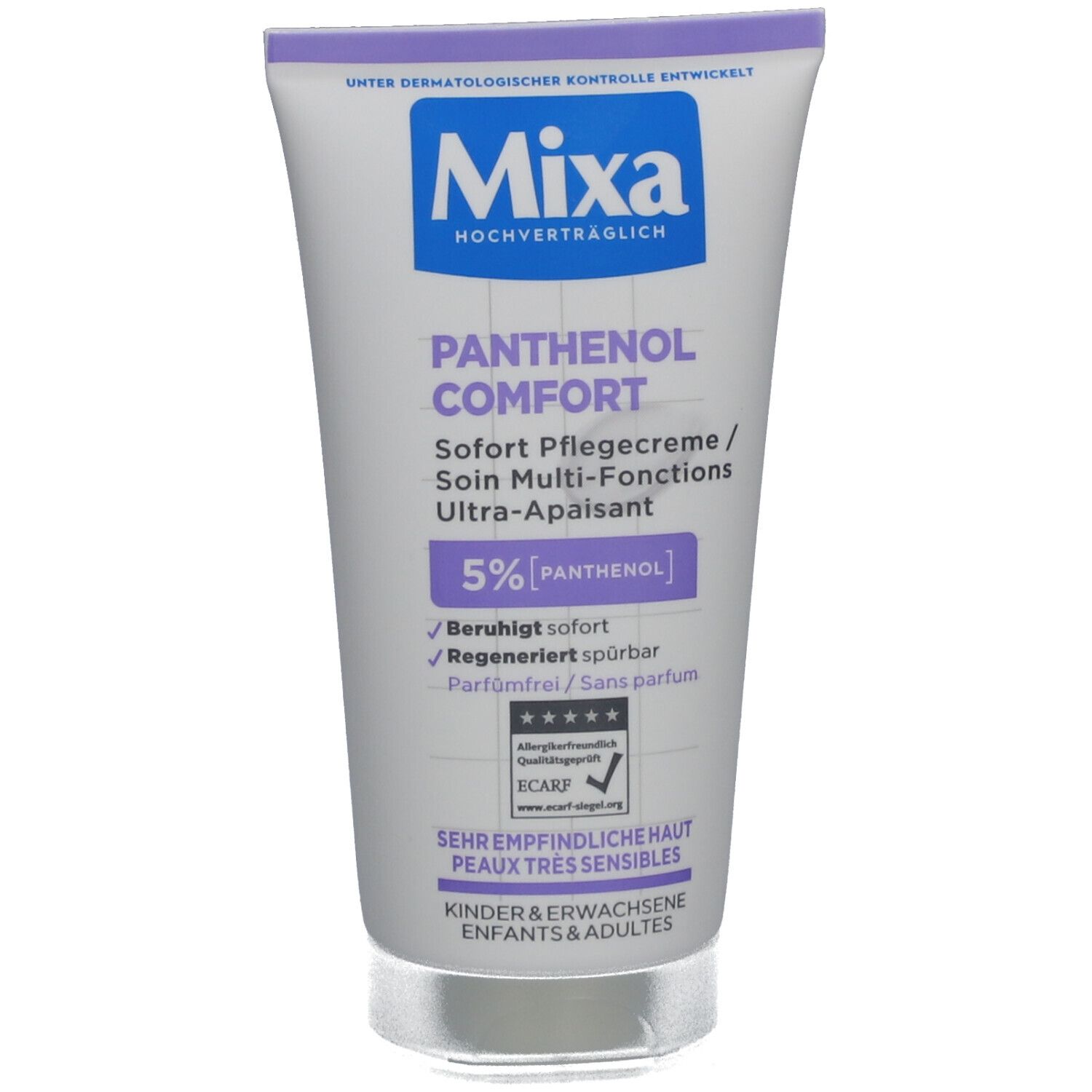 Tube blanche et violette. Logo Mixa, Panthenol Comfort, 5% Panthenol. Pour peaux sensibles. Label ECARF.