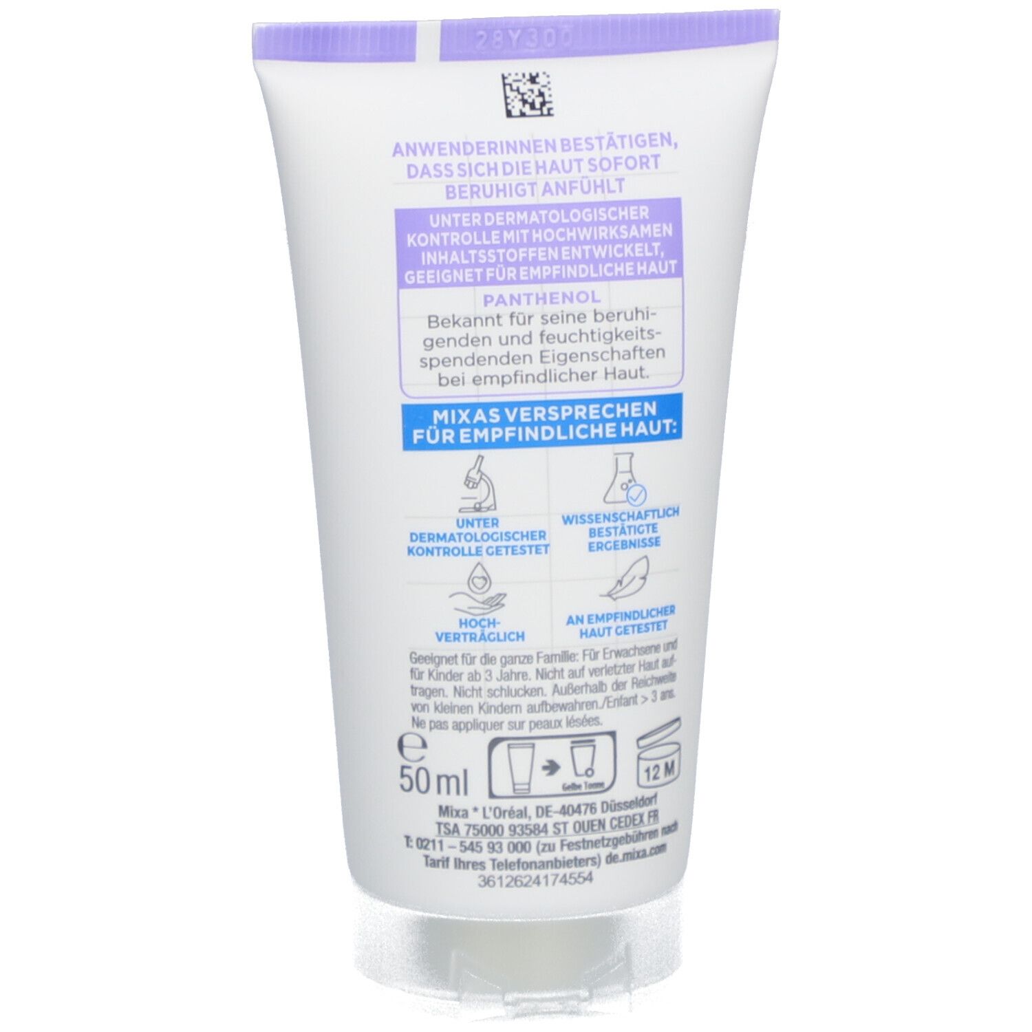 Dos du tube. Texte: L'application confirme, apaise immédiatement. Promesse Mixa pour peaux sensibles. 50ml.