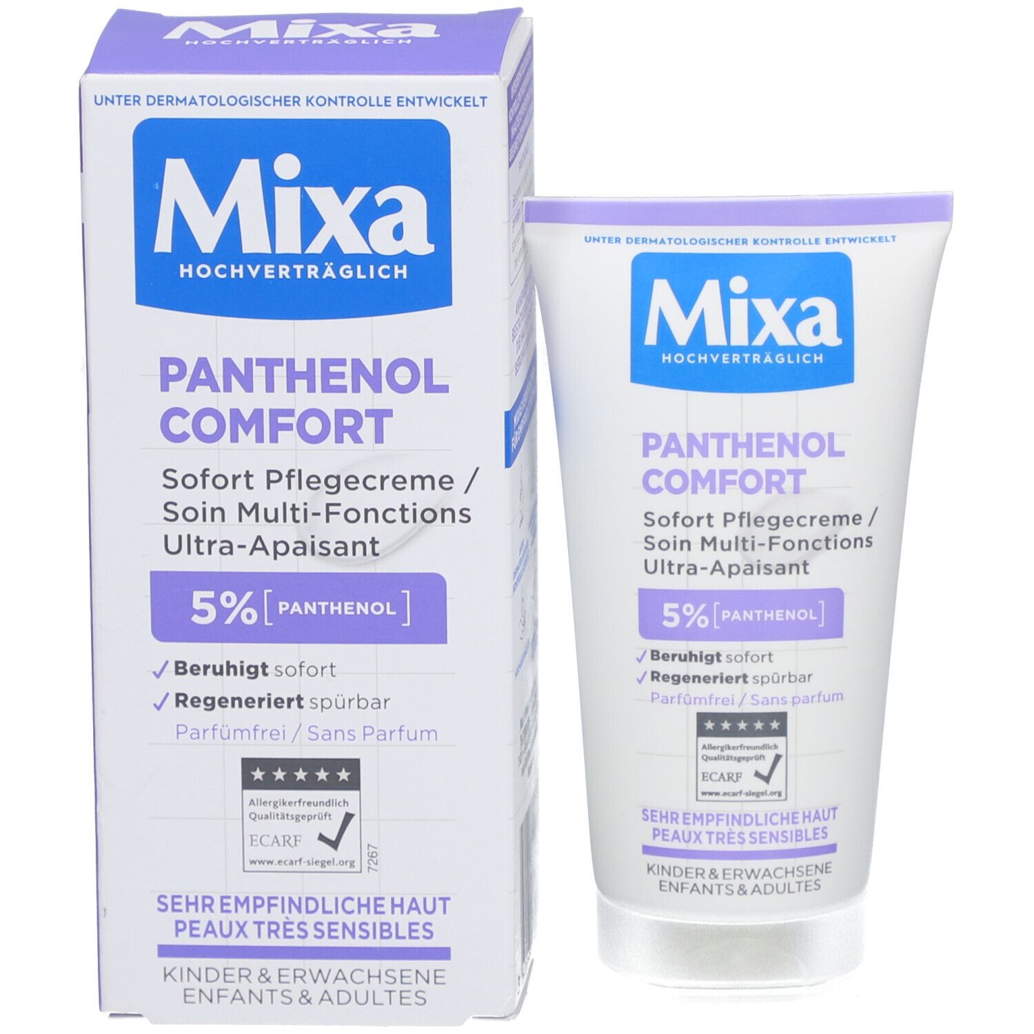 Produit avec emballage. Tube et carton. Logo Mixa, Panthenol Comfort, 5% Panthenol. Pour peaux sensibles. Label ECARF.