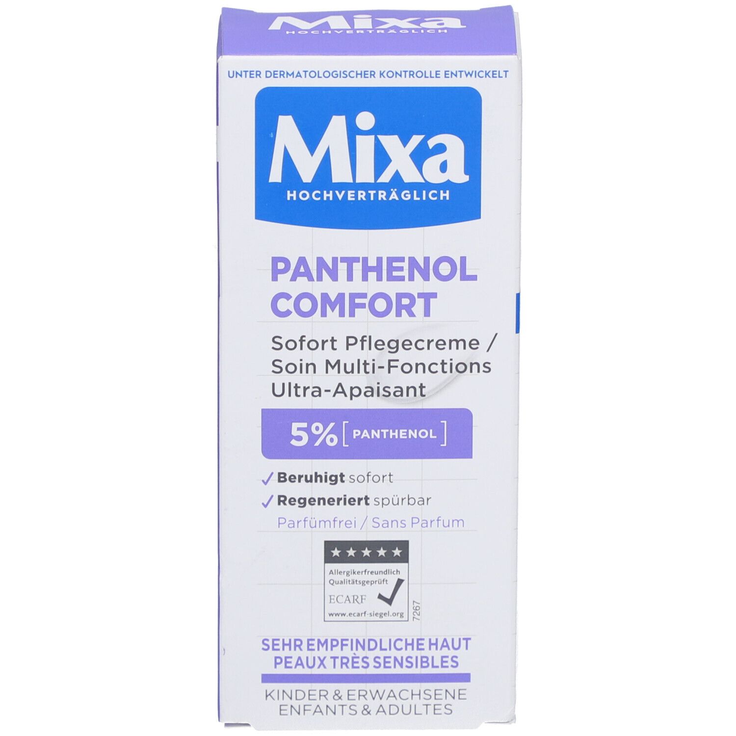 Boîte. Logo Mixa, Panthenol Comfort, 5% Panthenol. Pour peaux sensibles. Label ECARF. Enfants & adultes.