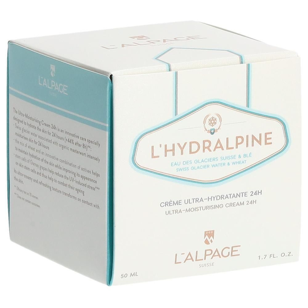 Witte doos L'Hydralpine. Tekst: Crème Ultra-Hydratante 24H. 1.7 fl. oz. en 50 ml.
