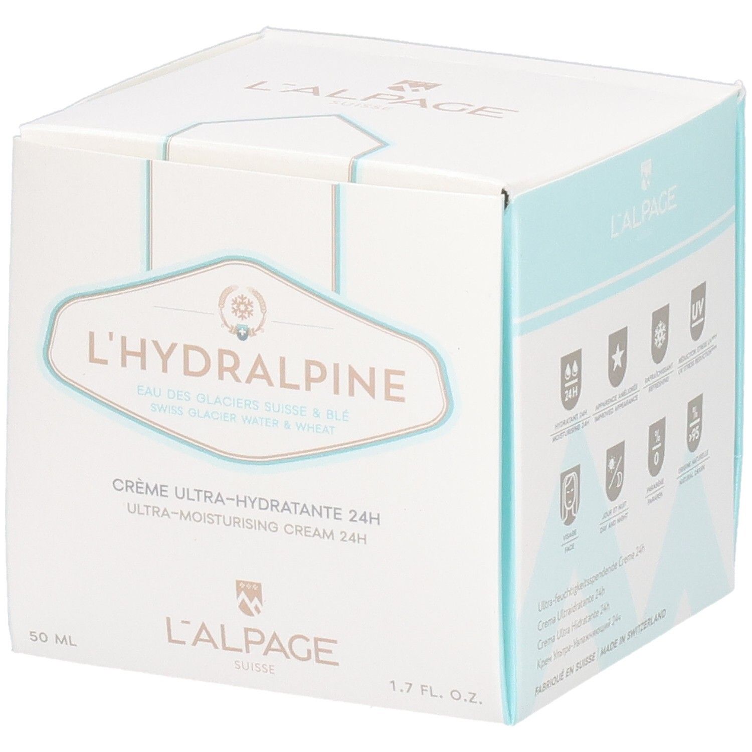 Witte doos L'Hydralpine. Tekst: Crème Ultra-Hydratante 24H. 1.7 fl. oz. en 50 ml.