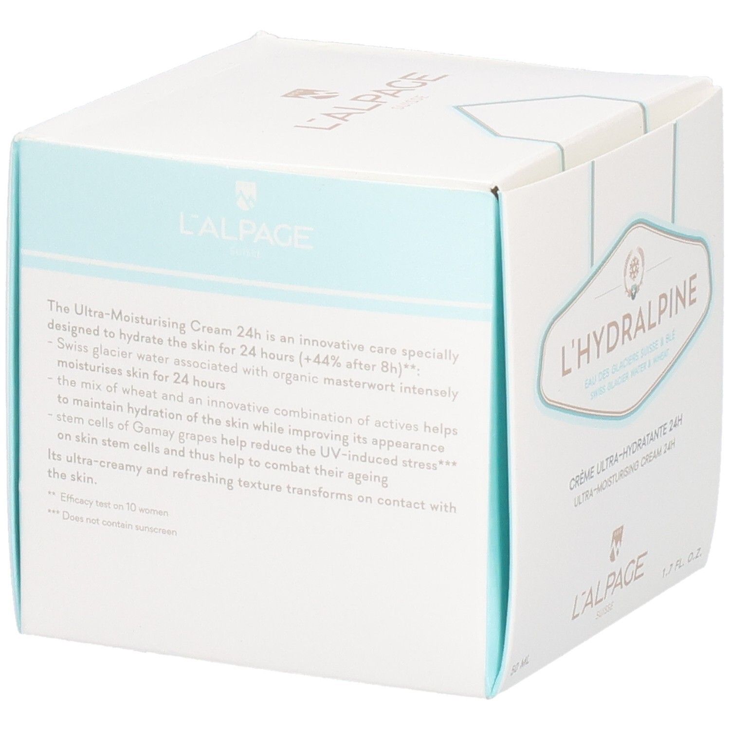 Witte doos L'Hydralpine. Tekst op de zijkant. 1.7 fl. oz. en 50 ml.