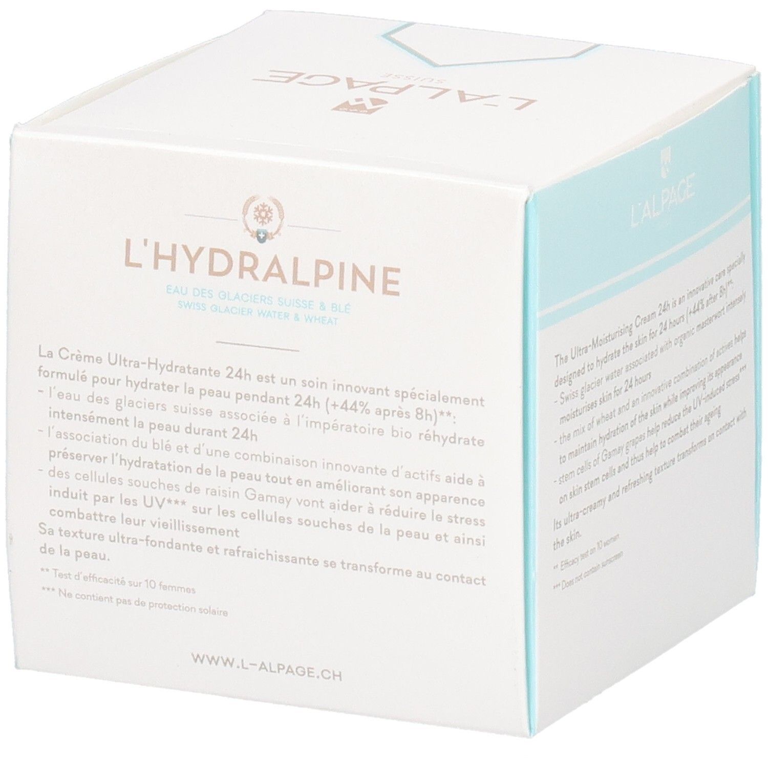 Witte doos L'Hydralpine. Tekst op de zijkant. 1.7 fl. oz. en 50 ml.