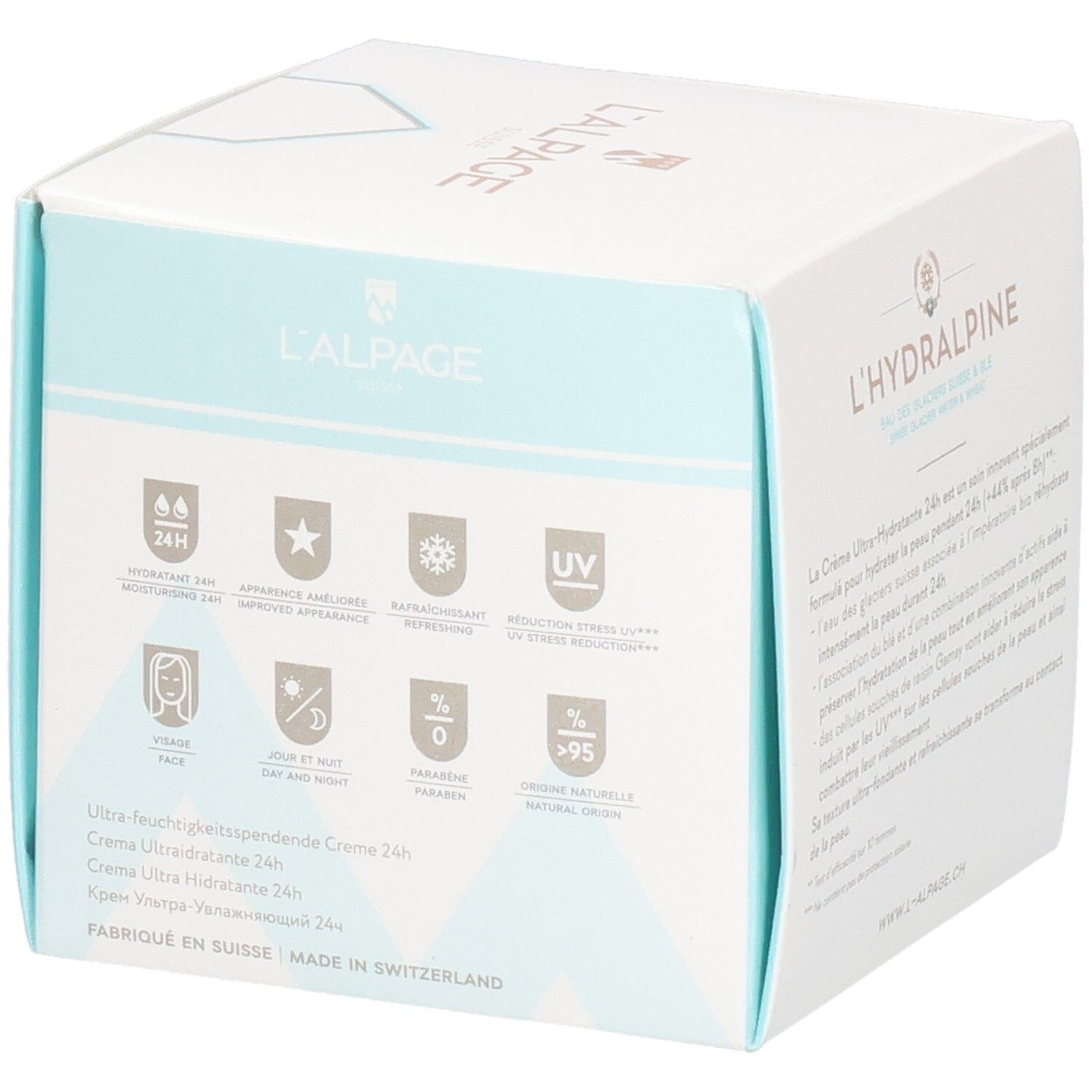 Witte doos L'Hydralpine. Tekst en symbolen op de zijkant. 1.7 fl. oz. en 50 ml.